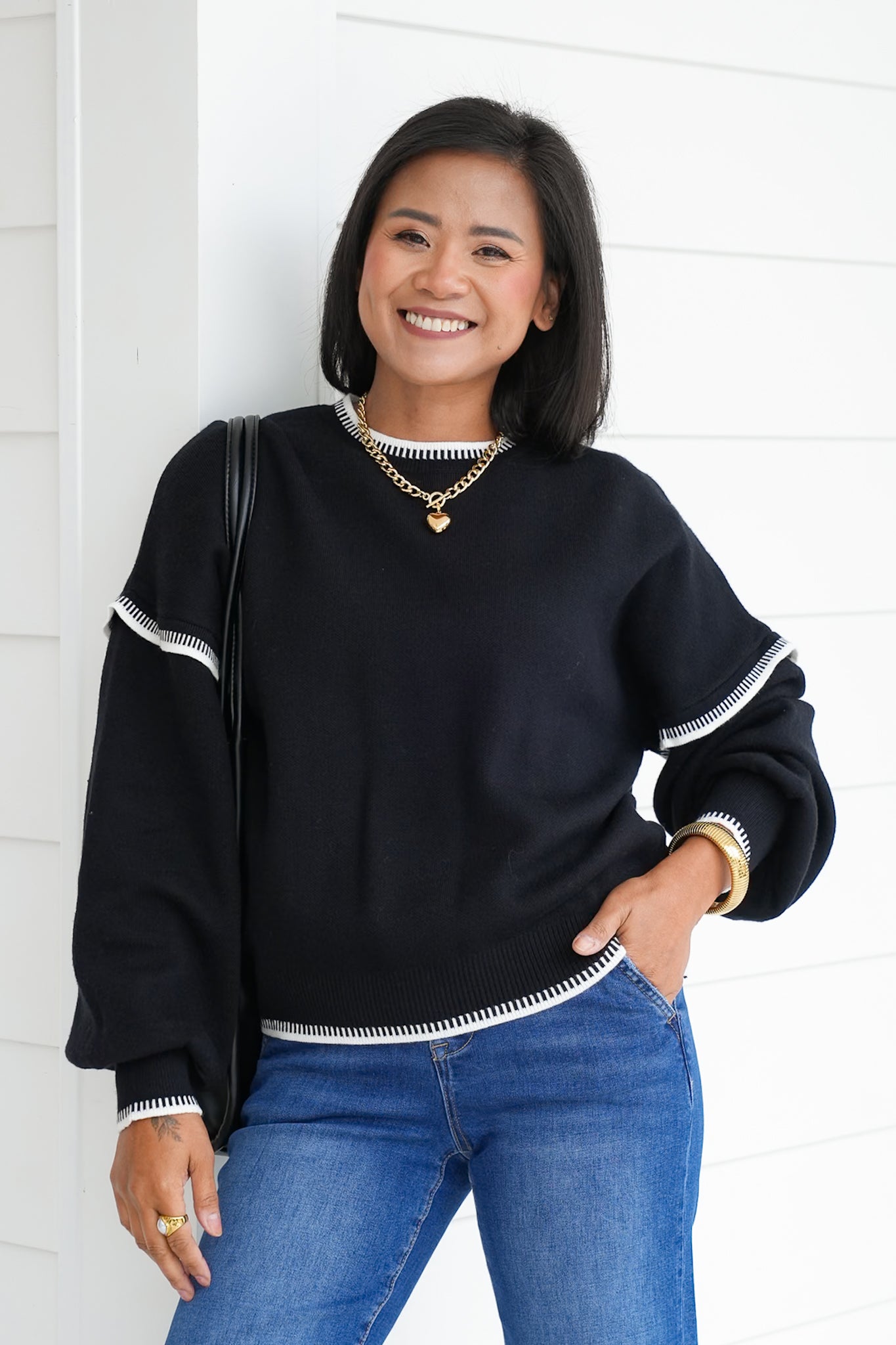 Long Balloon Sleeve Sweater with Stitch Trim Detail