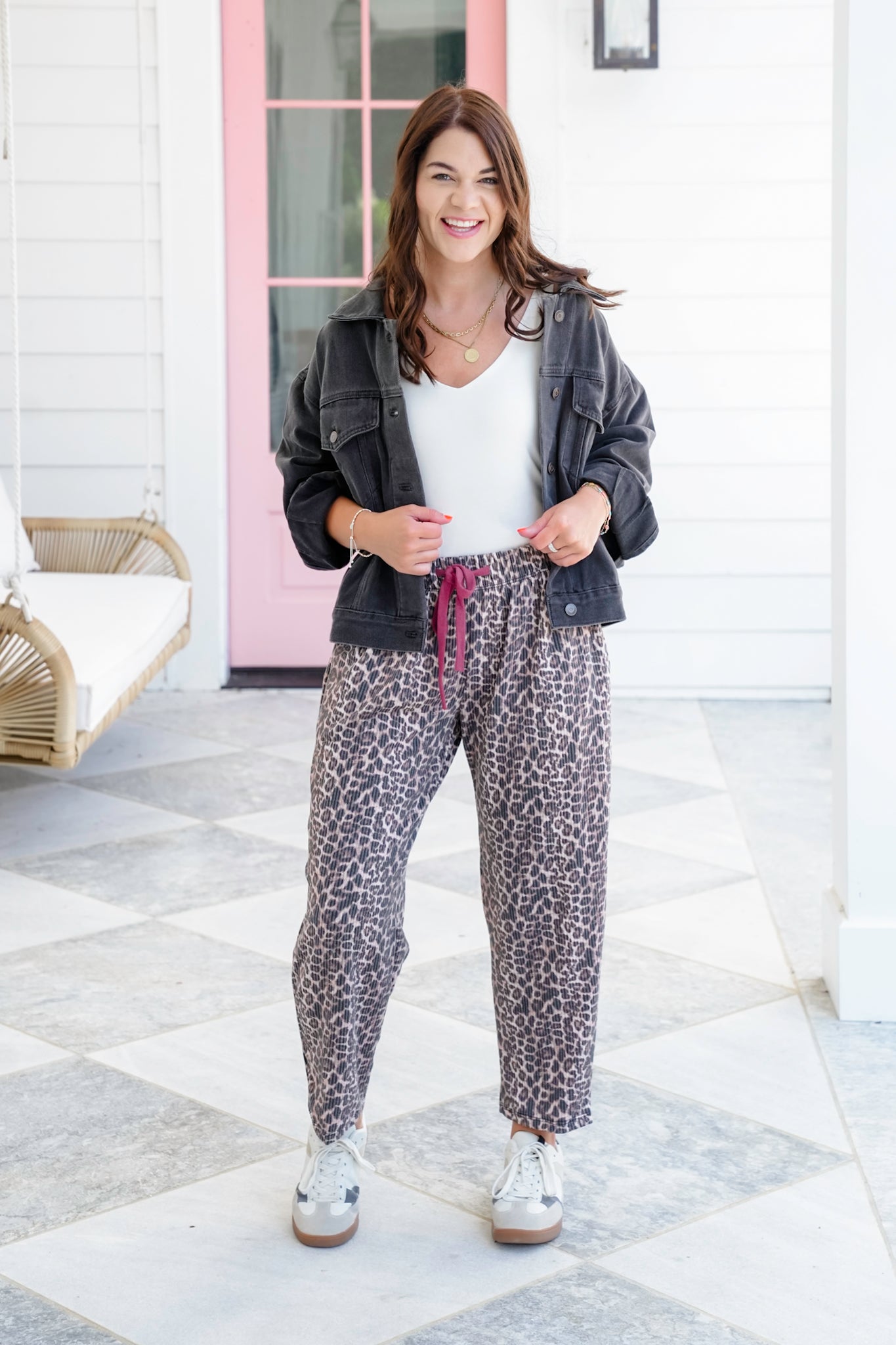 Plus/Reg Leopard Ribbed Knit Elastic Waist Pants