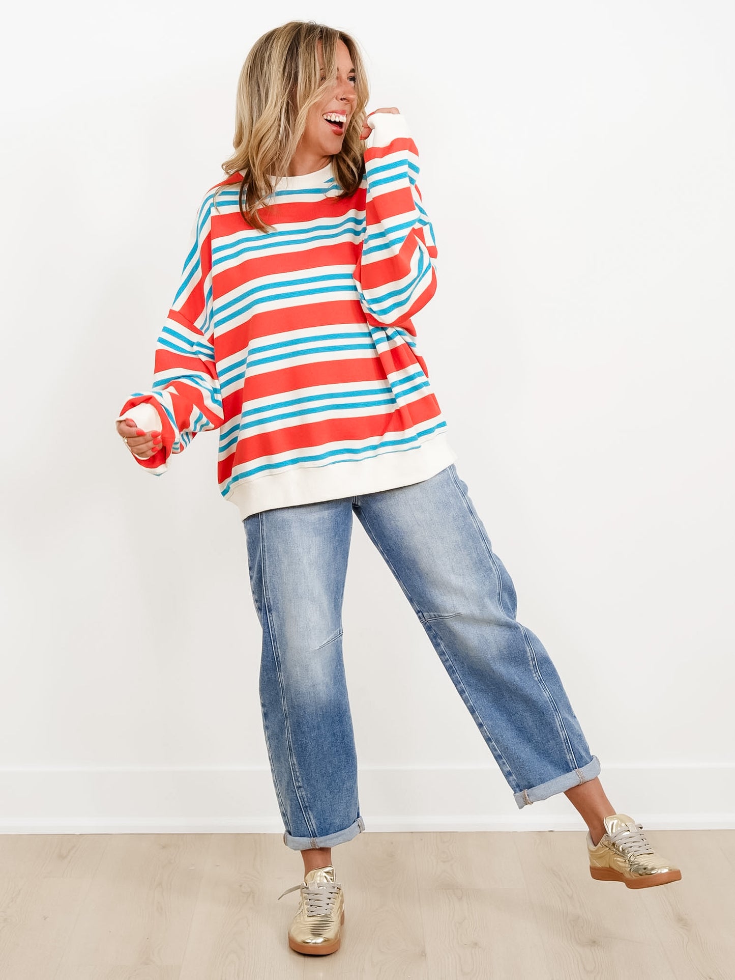 Striped Terry Knit Long Sleeve Boxy Sweatshirt