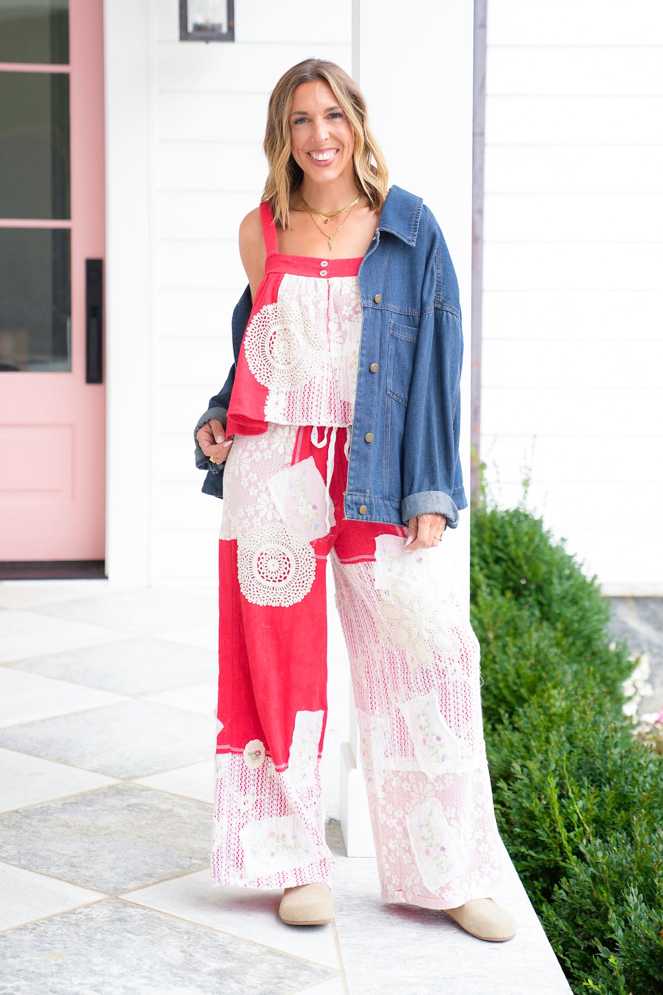 POL Floral Patch Elastic Waist Wide Leg Pants
