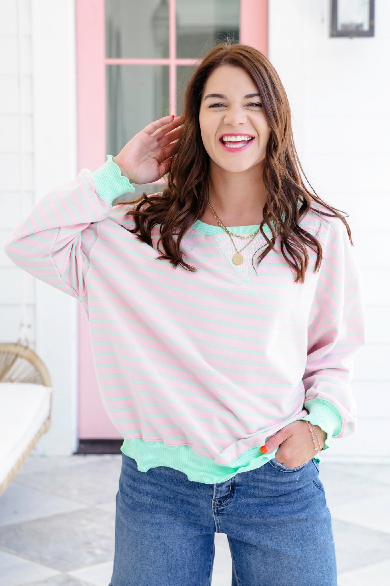 Veveret Stripe Long Sleeve Top with Contrast Detail