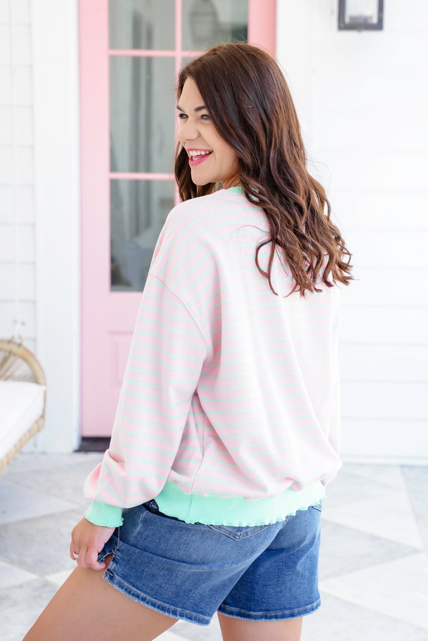Veveret Stripe Long Sleeve Top with Contrast Detail