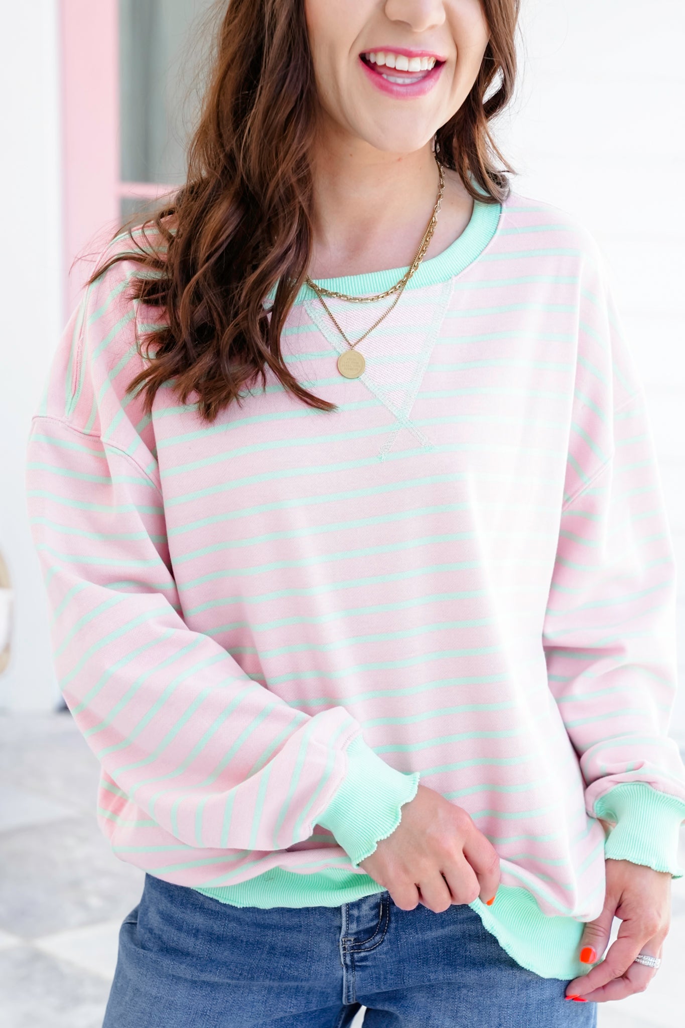 Veveret Stripe Long Sleeve Top with Contrast Detail