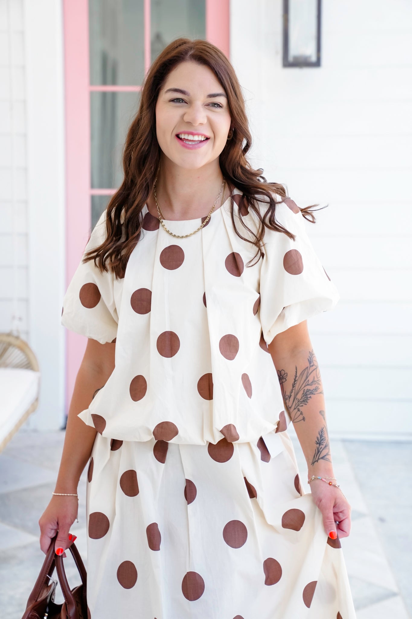Plus/Reg Polka Dot Print Pleated Bubble Hem Top
