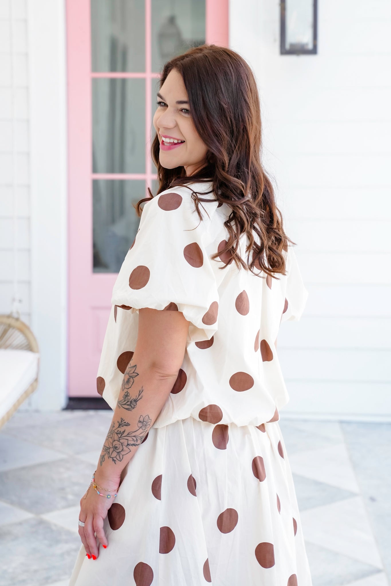 Plus/Reg Polka Dot Print Pleated Bubble Hem Top