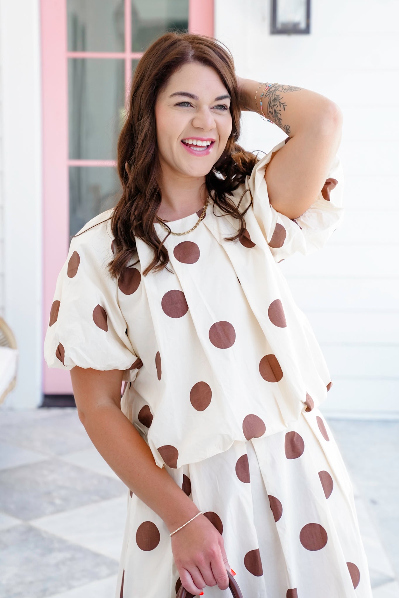 Plus/Reg Polka Dot Print Pleated Bubble Hem Top