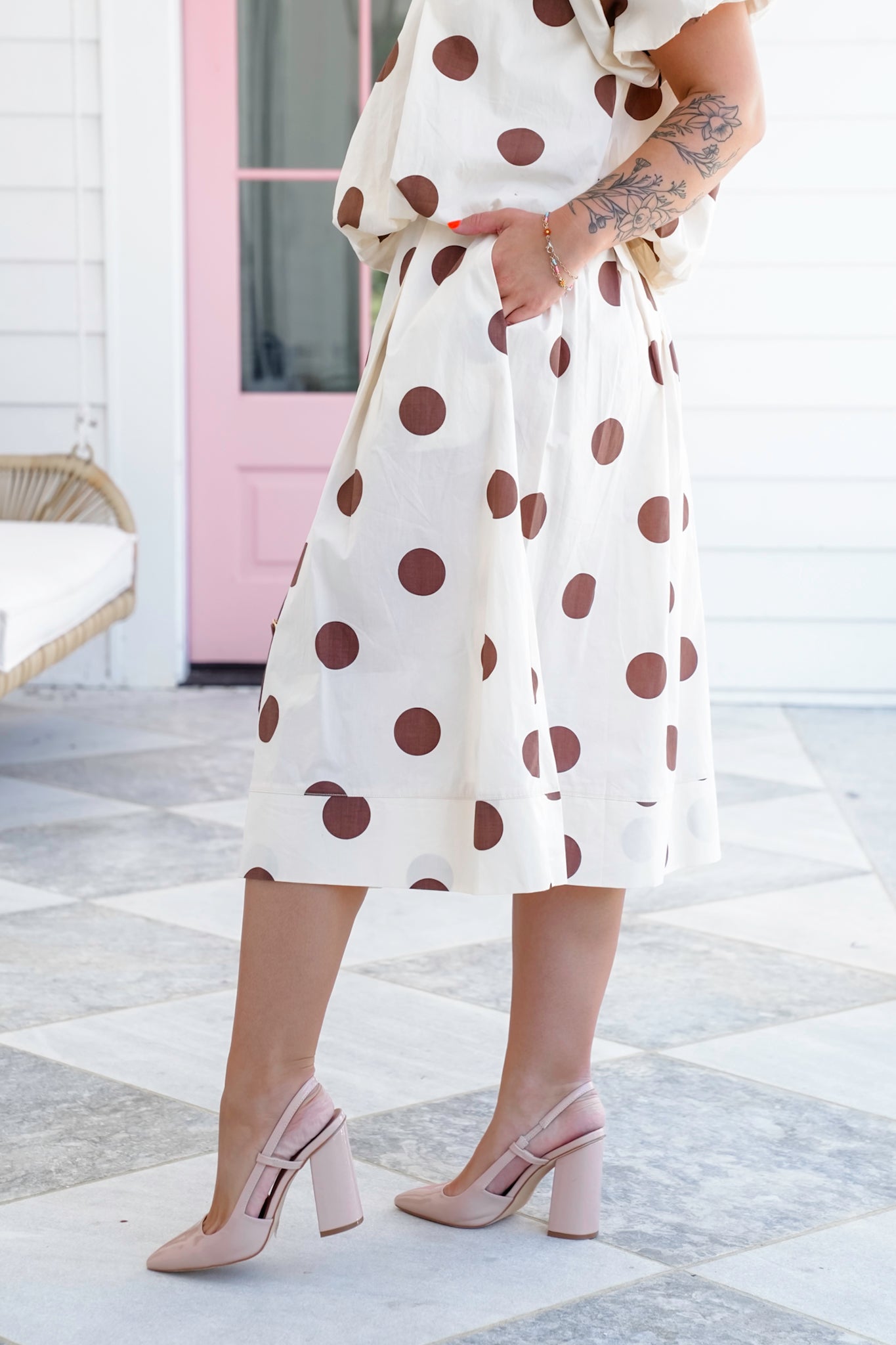 Plus/Reg Polka Dot Print High Waist Midi Skirt