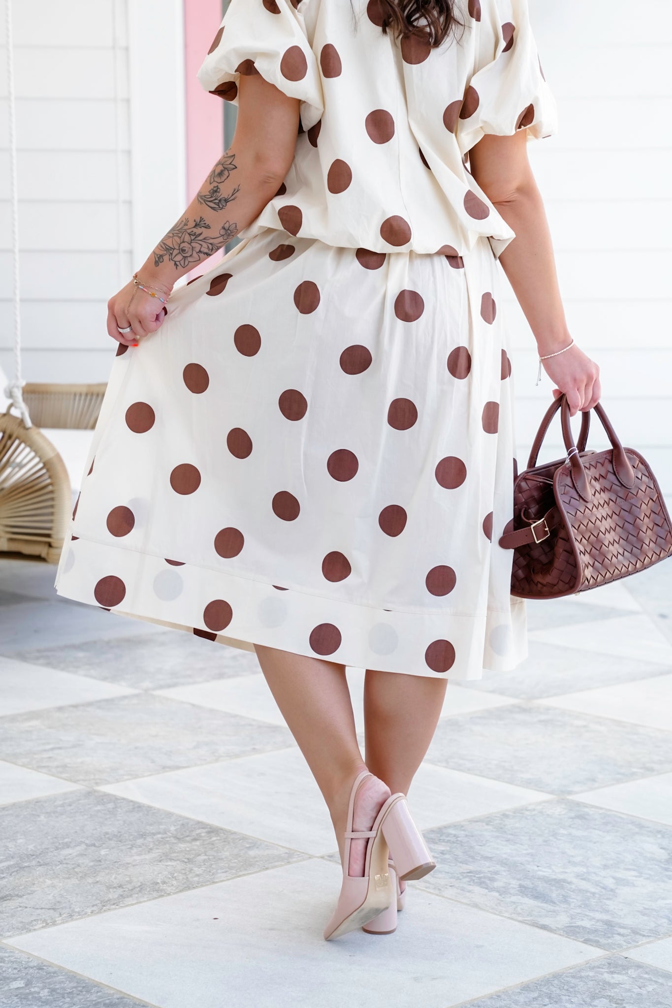 Plus/Reg Polka Dot Print High Waist Midi Skirt