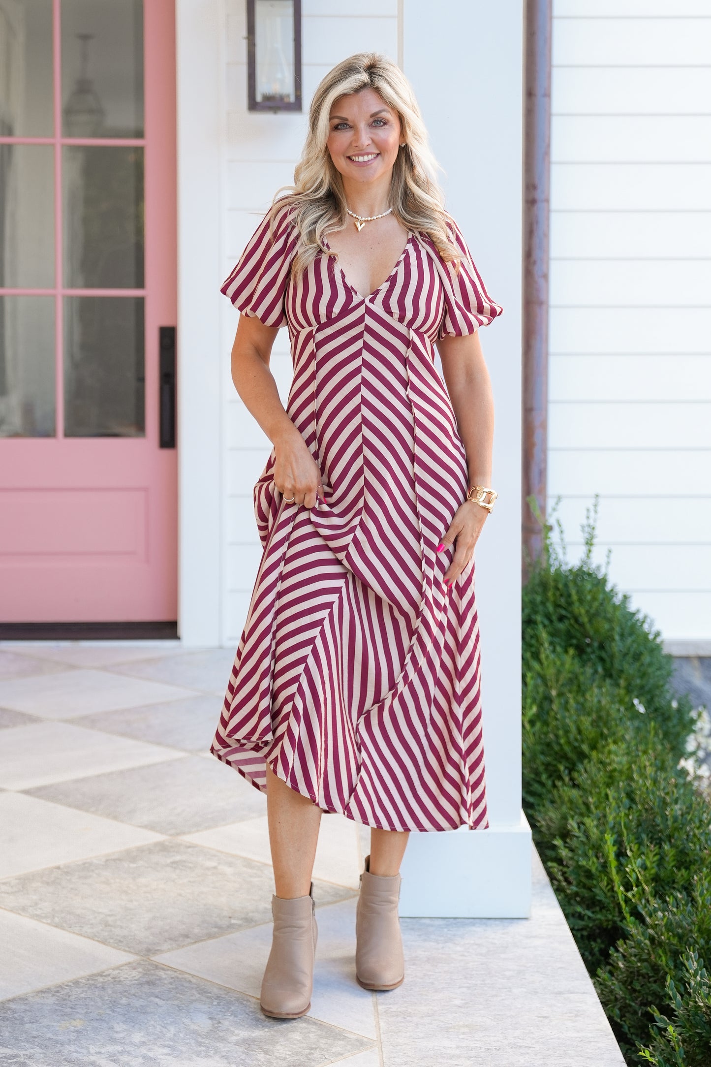 Stripe Short Sleeve Midi Dress