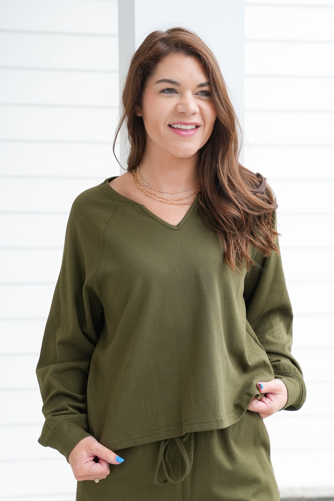 Solid Long Sleeve V Neck Top and Pants Set