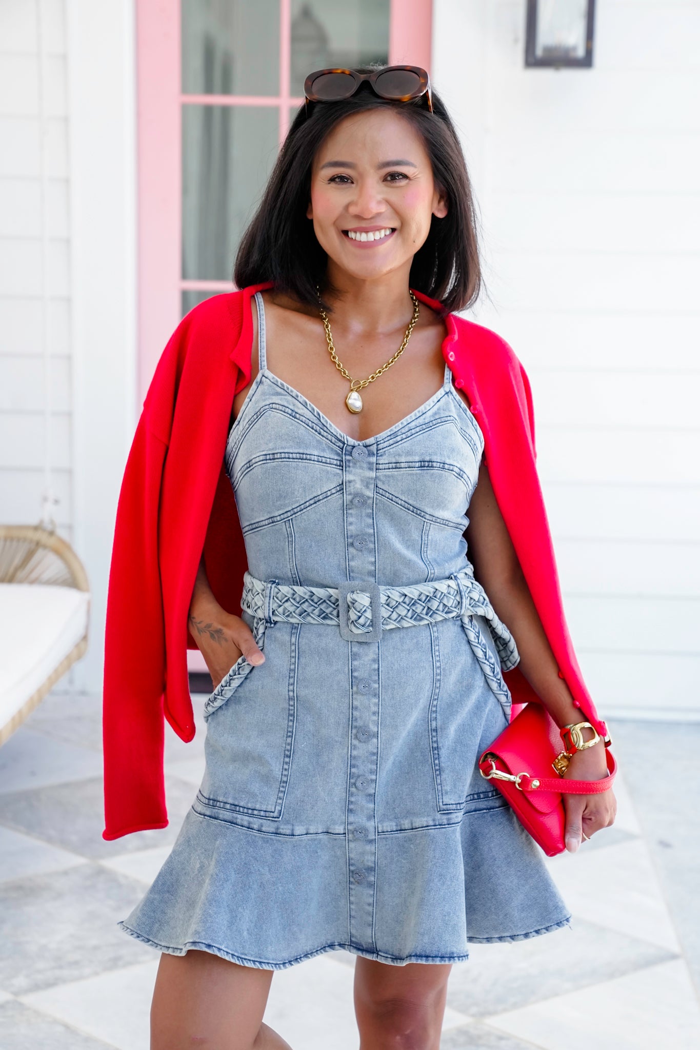 Light Wash Sleeveless Mini Dress With Braided Detail
