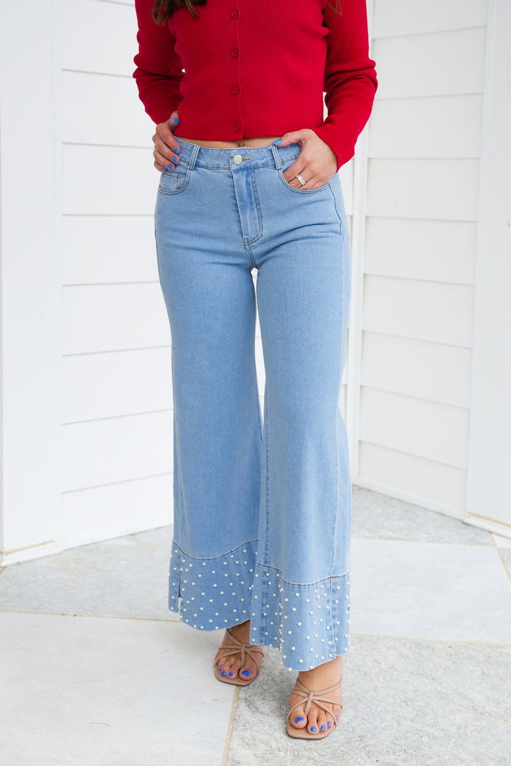 Light Wash Denim Jeans With Pearl Detail
