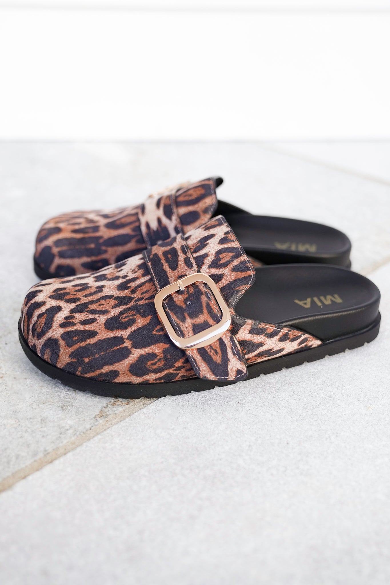 MIA Animal Print Slip On Clog with Buckle Detail