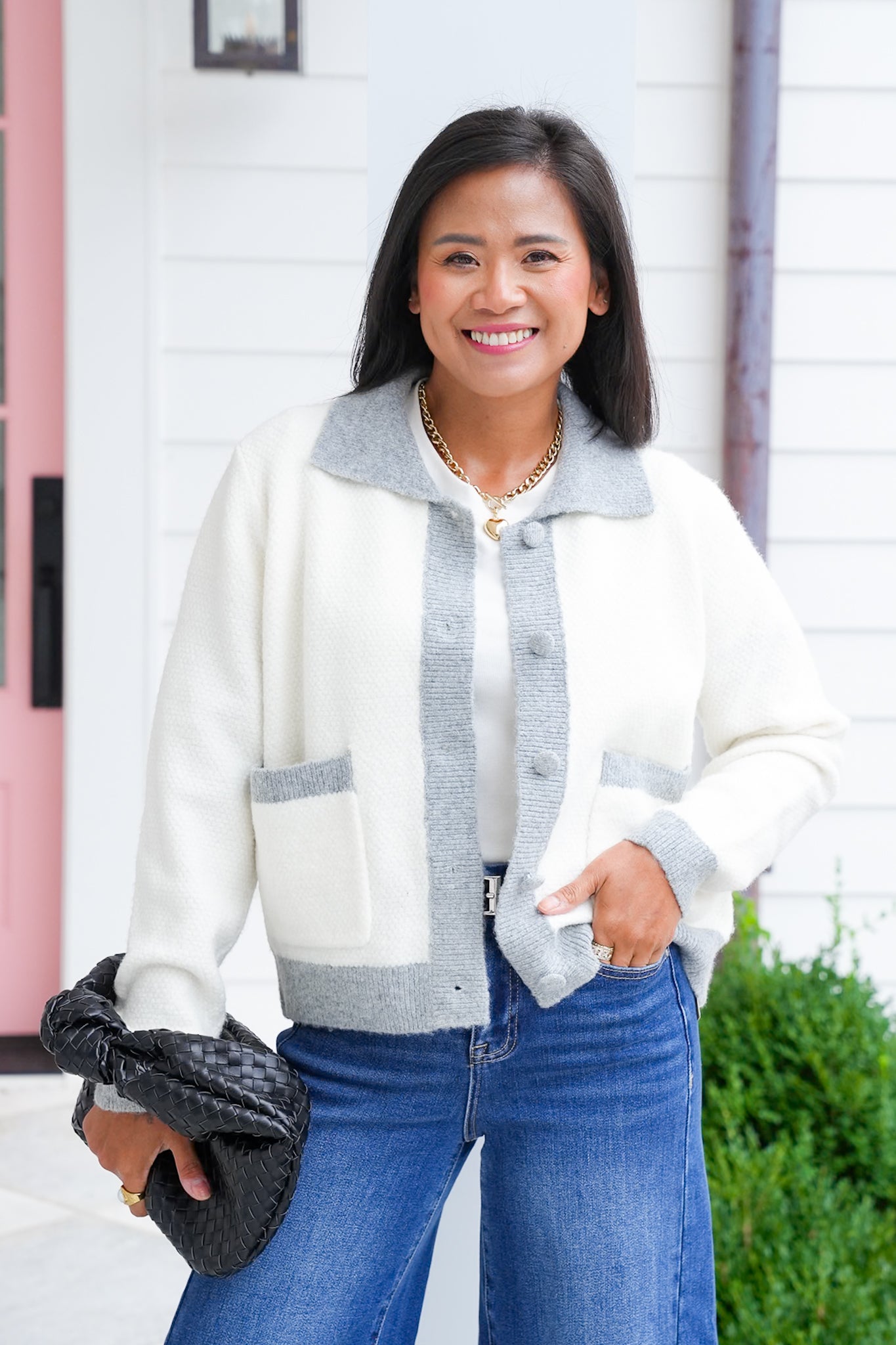 Long Sleeve Button Down Cardigan with Contrast Trim