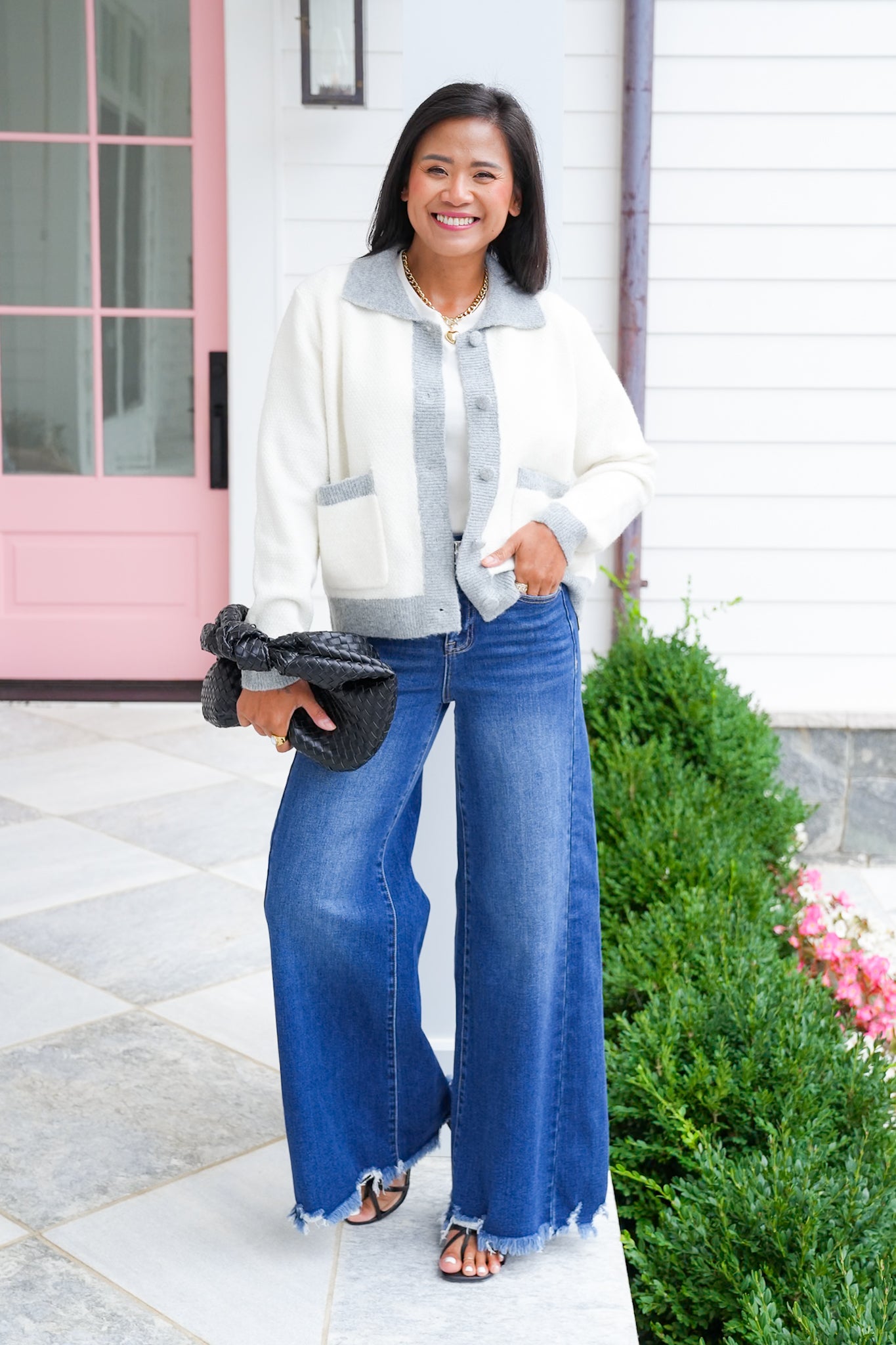 Long Sleeve Button Down Cardigan with Contrast Trim