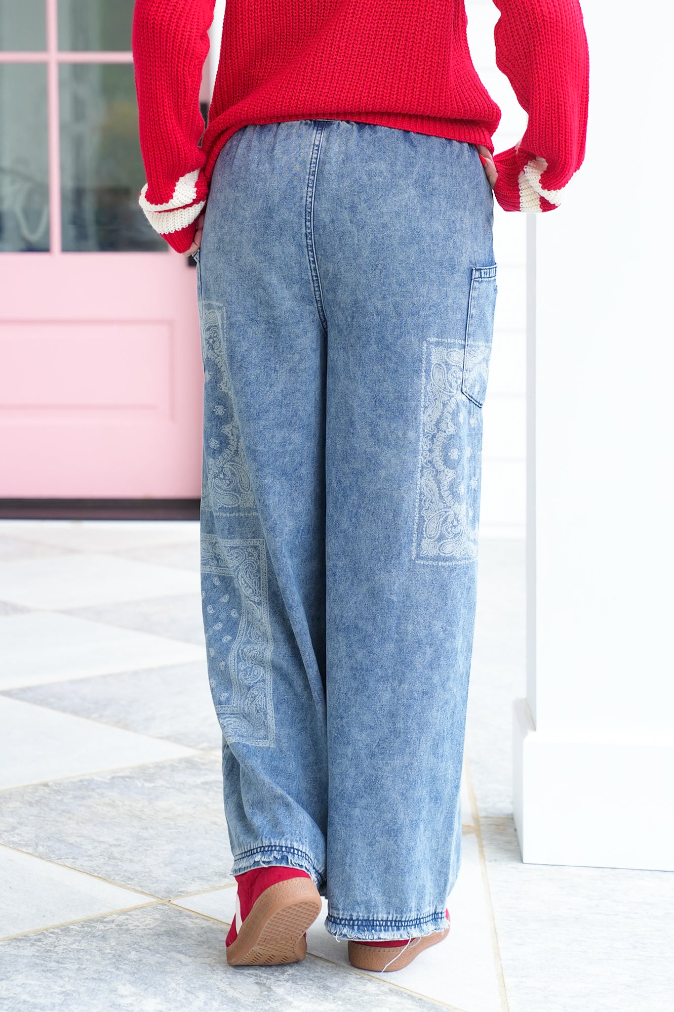 Distressed Patchwork Print Elastic Waist Wide Leg Pants