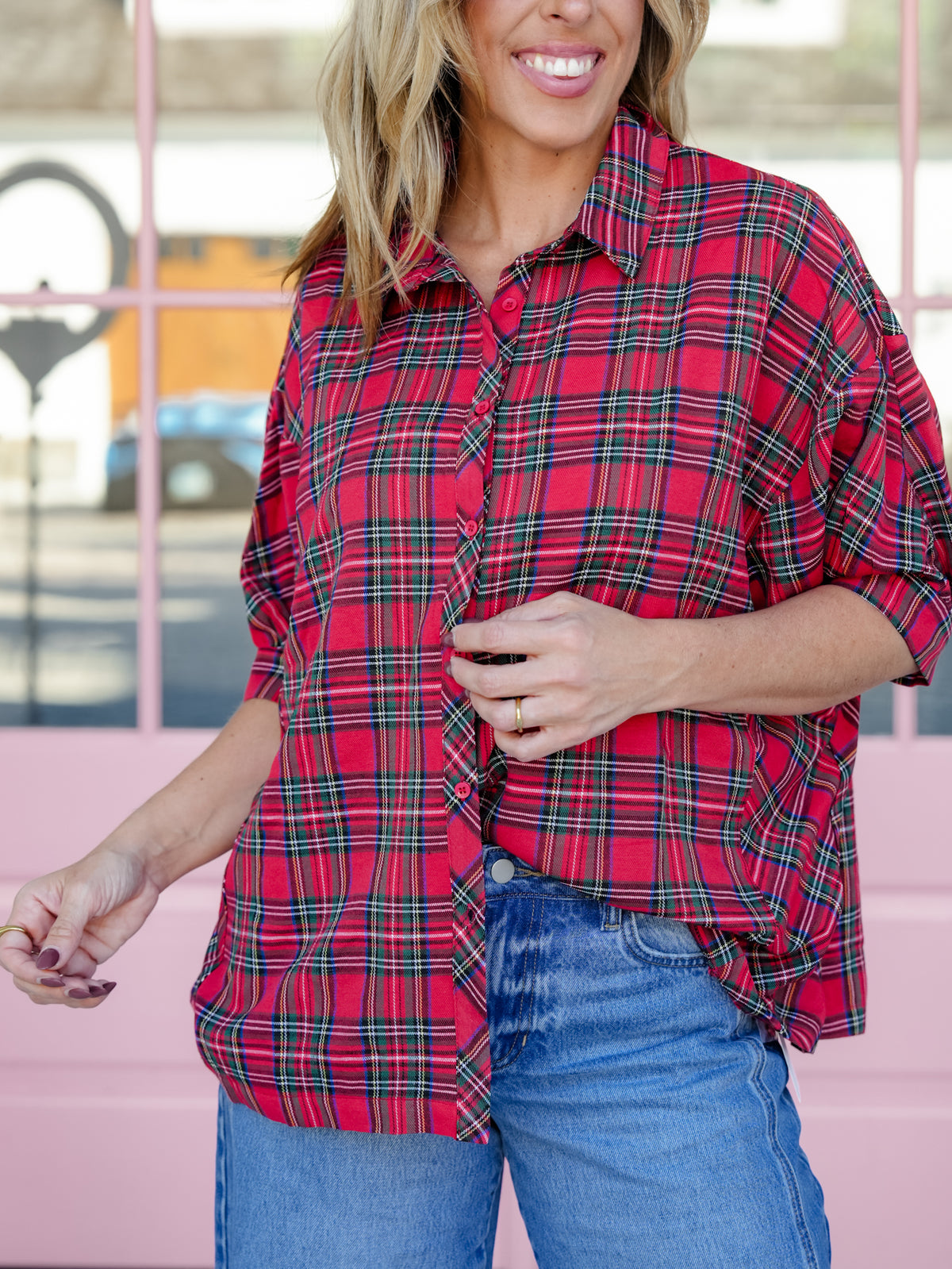 Plus/Reg Plaid Short Sleeve Button Down Top