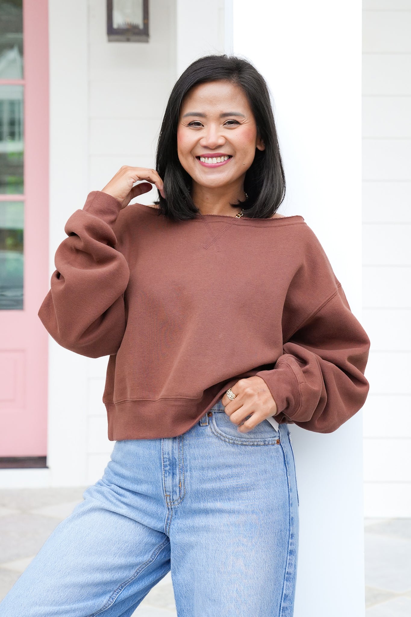 Door Buster! Solid Long Sleeve Boat Neck Sweatshirt