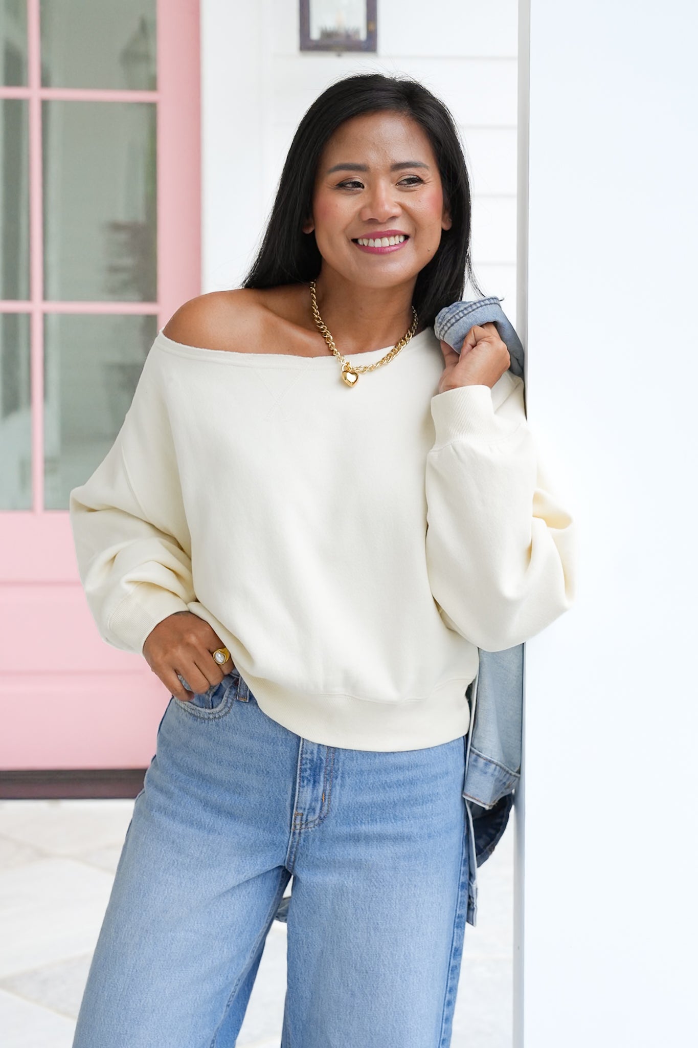 Door Buster! Solid Long Sleeve Boat Neck Sweatshirt