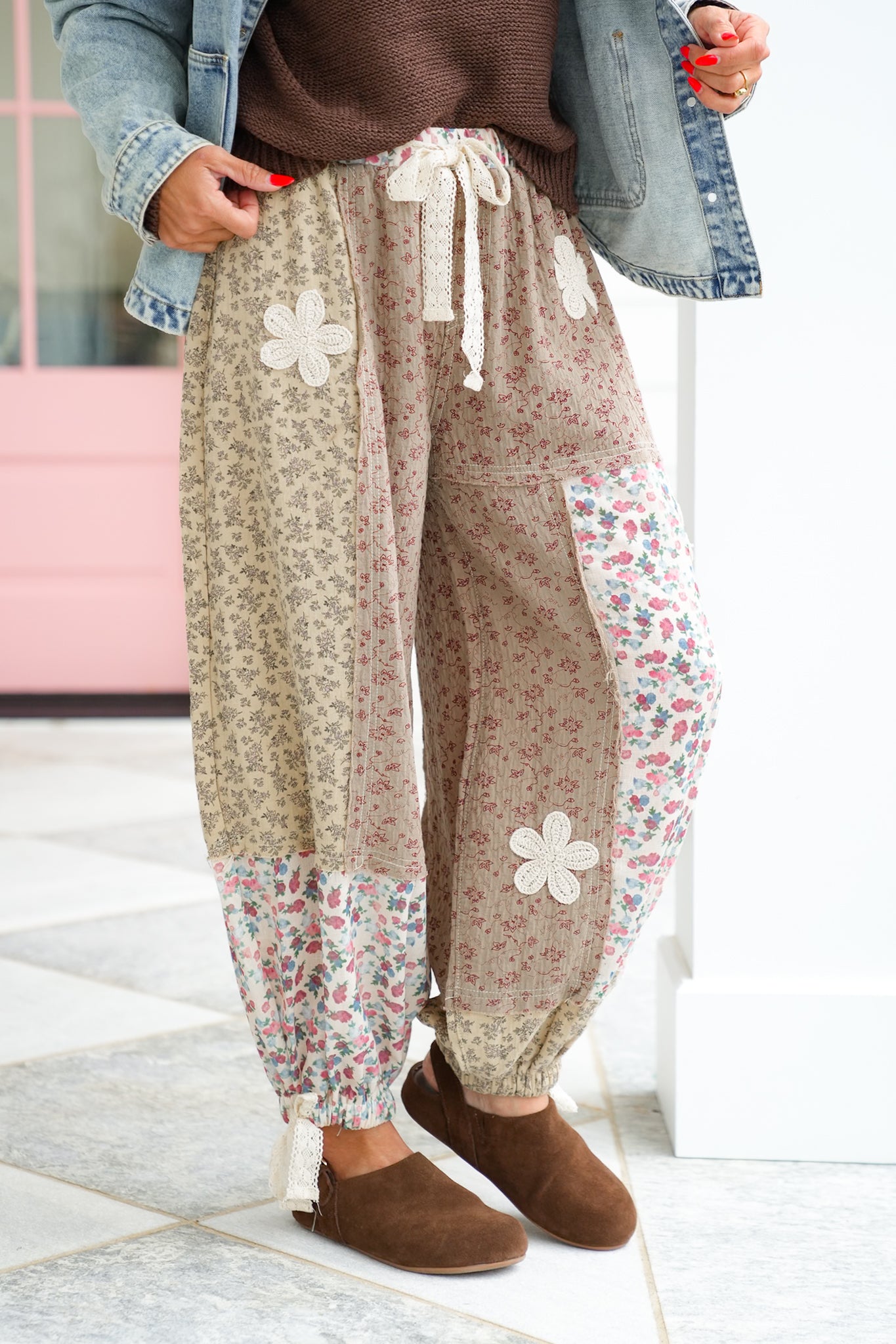 POL Floral Patchwork Elastic Waist Woven Pants
