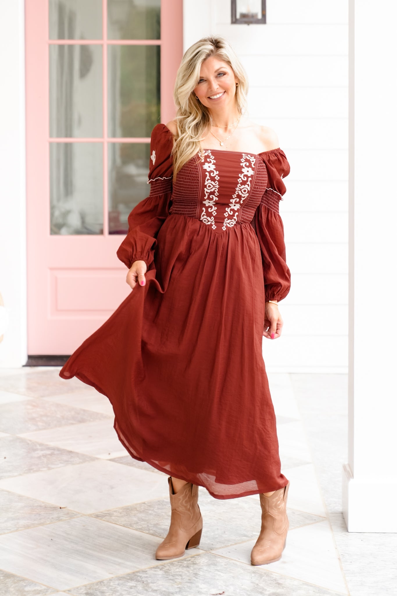 Long Puff Sleeve Square Neck Maxi Dress with Embroidered