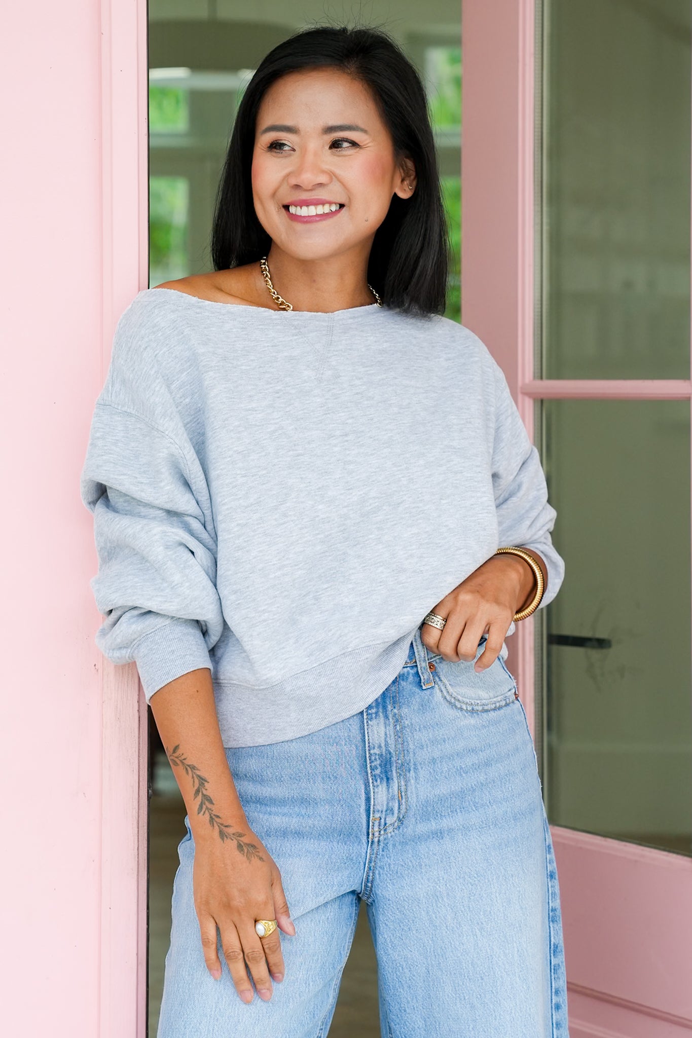 Door Buster! Solid Long Sleeve Boat Neck Sweatshirt