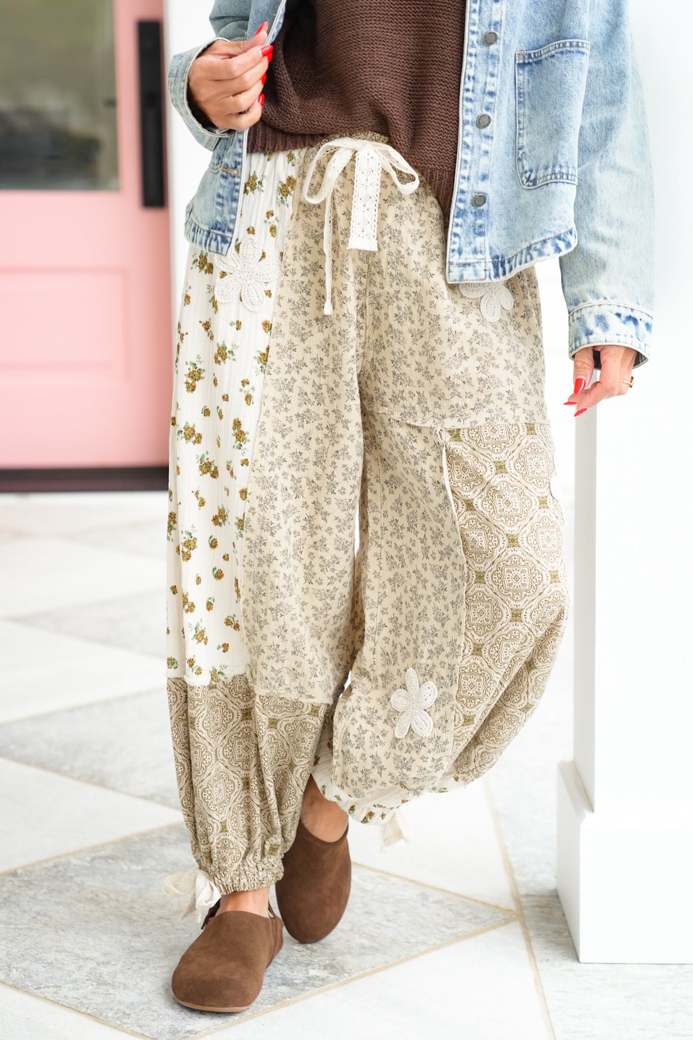 POL Floral Patchwork Elastic Waist Woven Pants