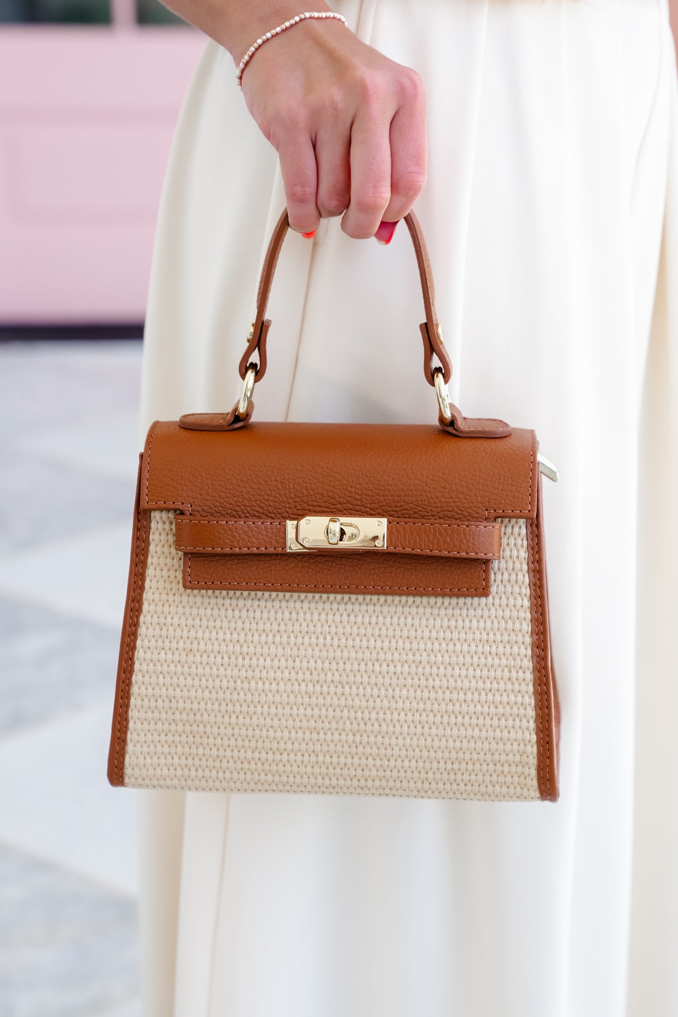 Raffia and Leather Top Handle Crossbody Bag