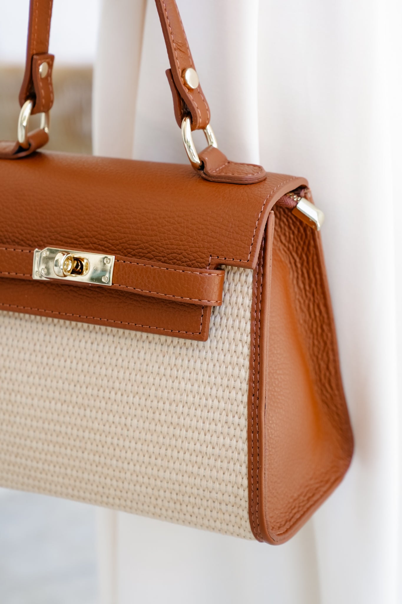 Raffia and Leather Top Handle Crossbody Bag