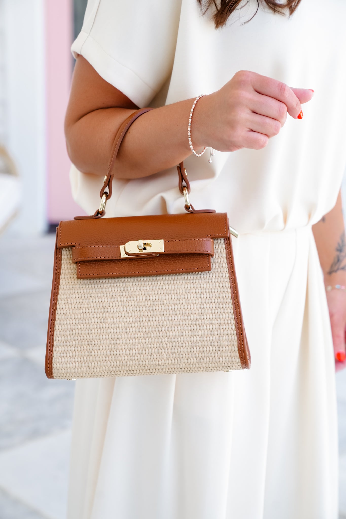 Raffia and Leather Top Handle Crossbody Bag