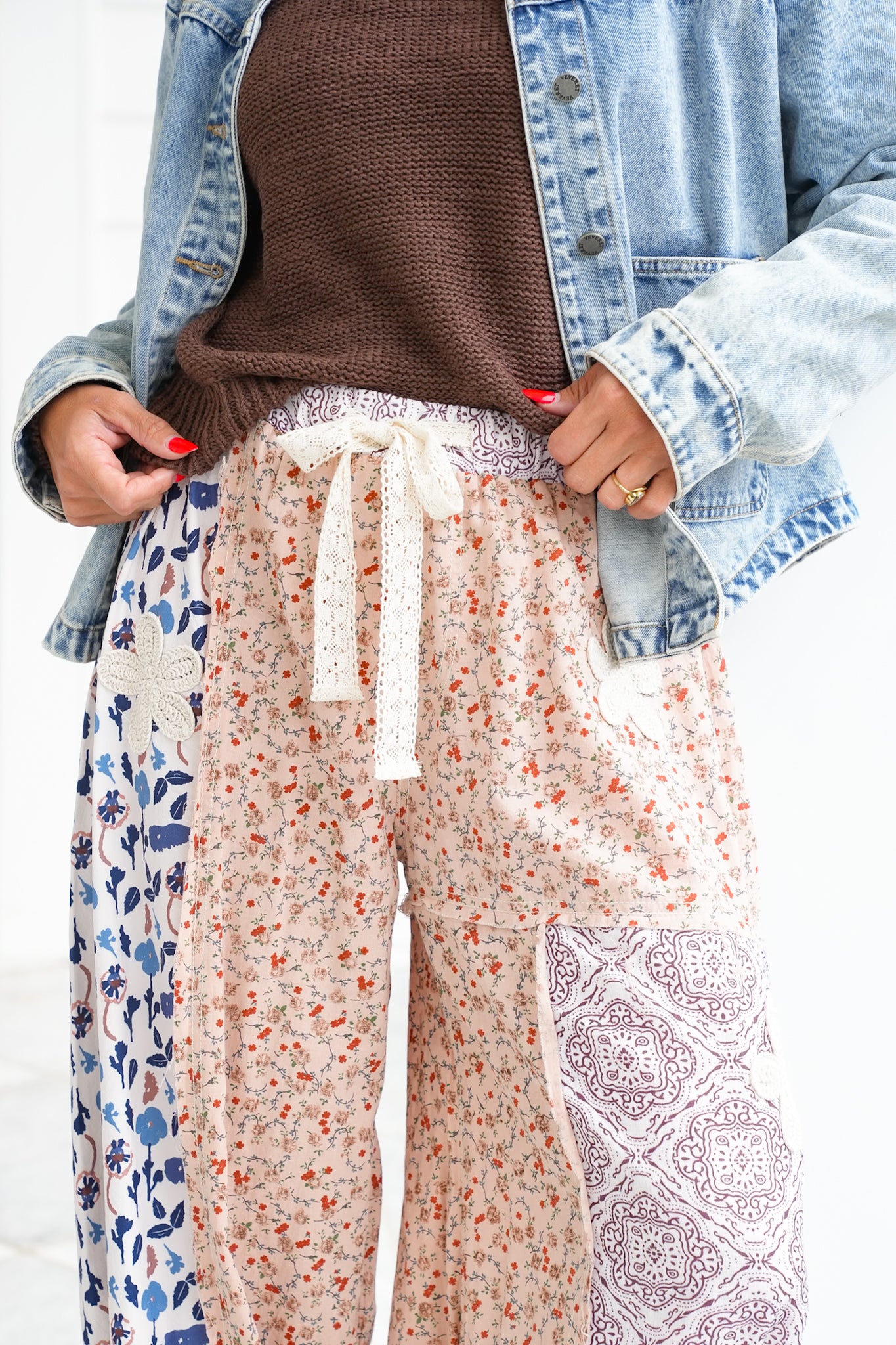 POL Floral Patchwork Elastic Waist Woven Pants