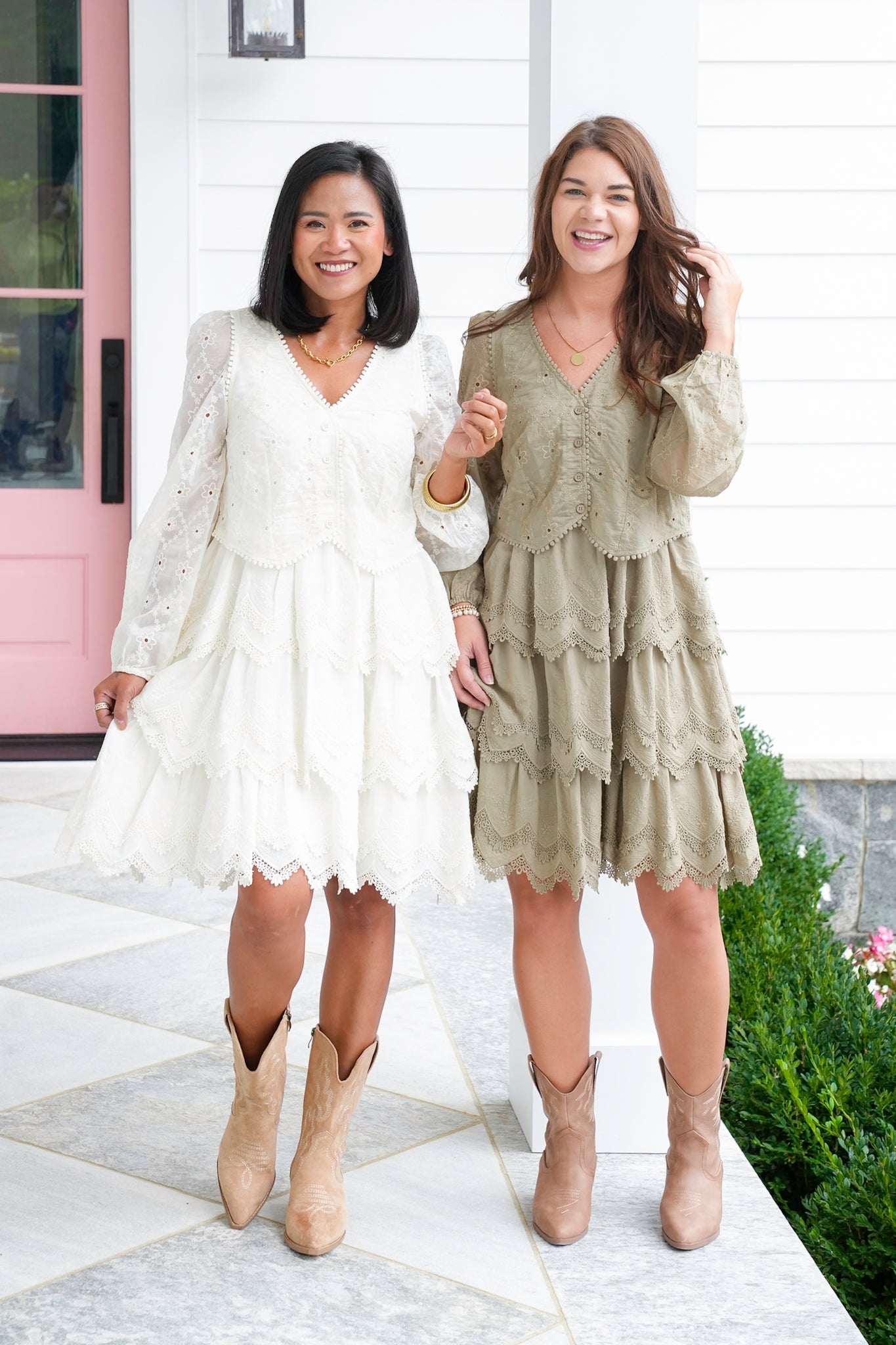 Embroidered Lace Long Sleeve Tiered Dress