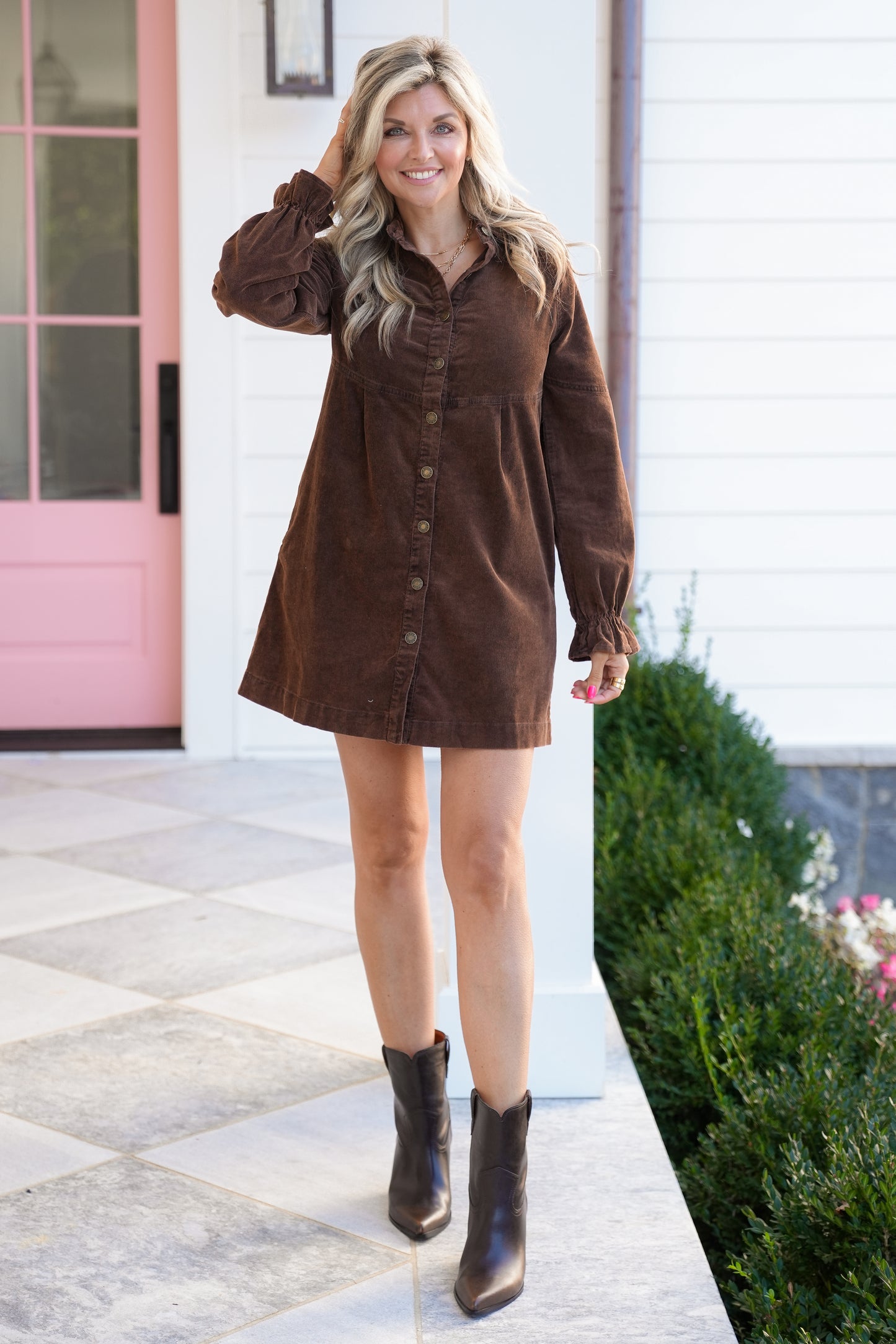 Corduroy Long Sleeve Button Down Mini Shirt Dress