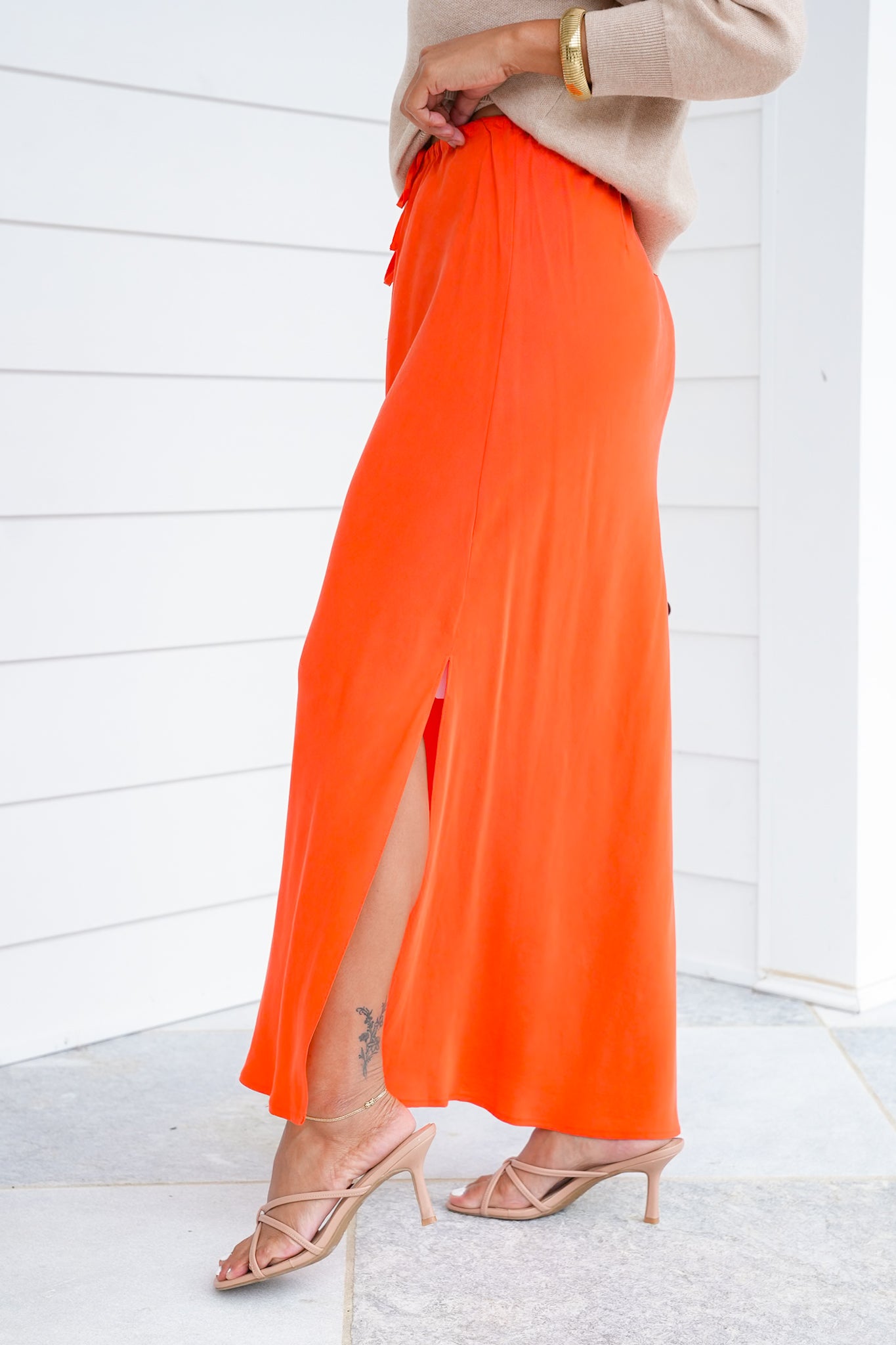 Elastic Waist Midi Slip Skirt with Drawstring