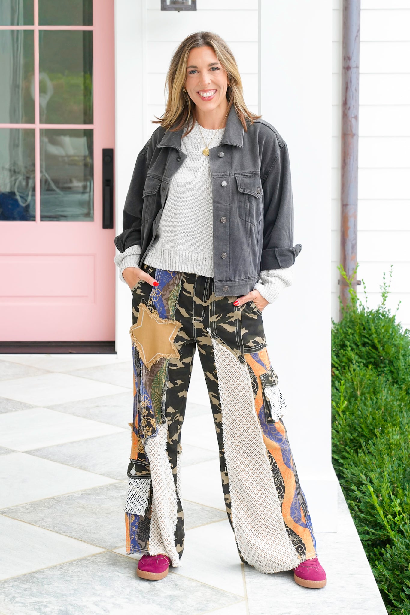 POL Patchwork Print Relaxed Fit Pants with Camo
