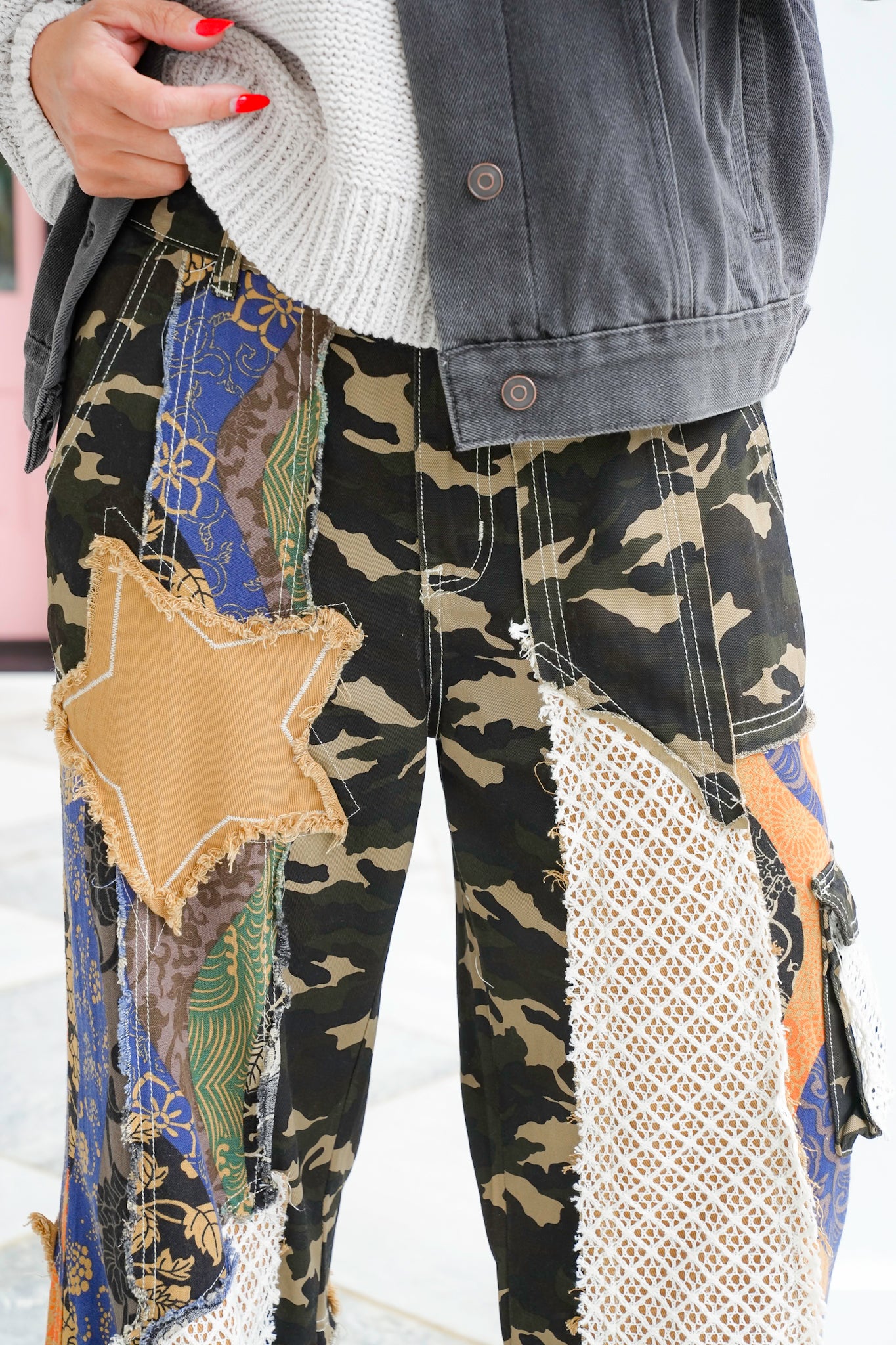 POL Patchwork Print Relaxed Fit Pants with Camo