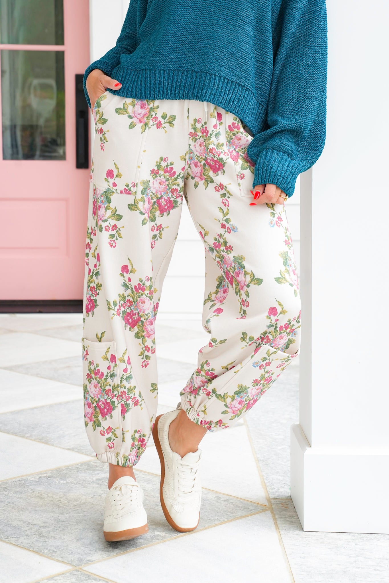 Floral Print Elastic Waist Jogger with Drawstring