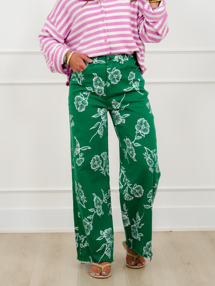 Green Floral Print High Waist Twill Pants