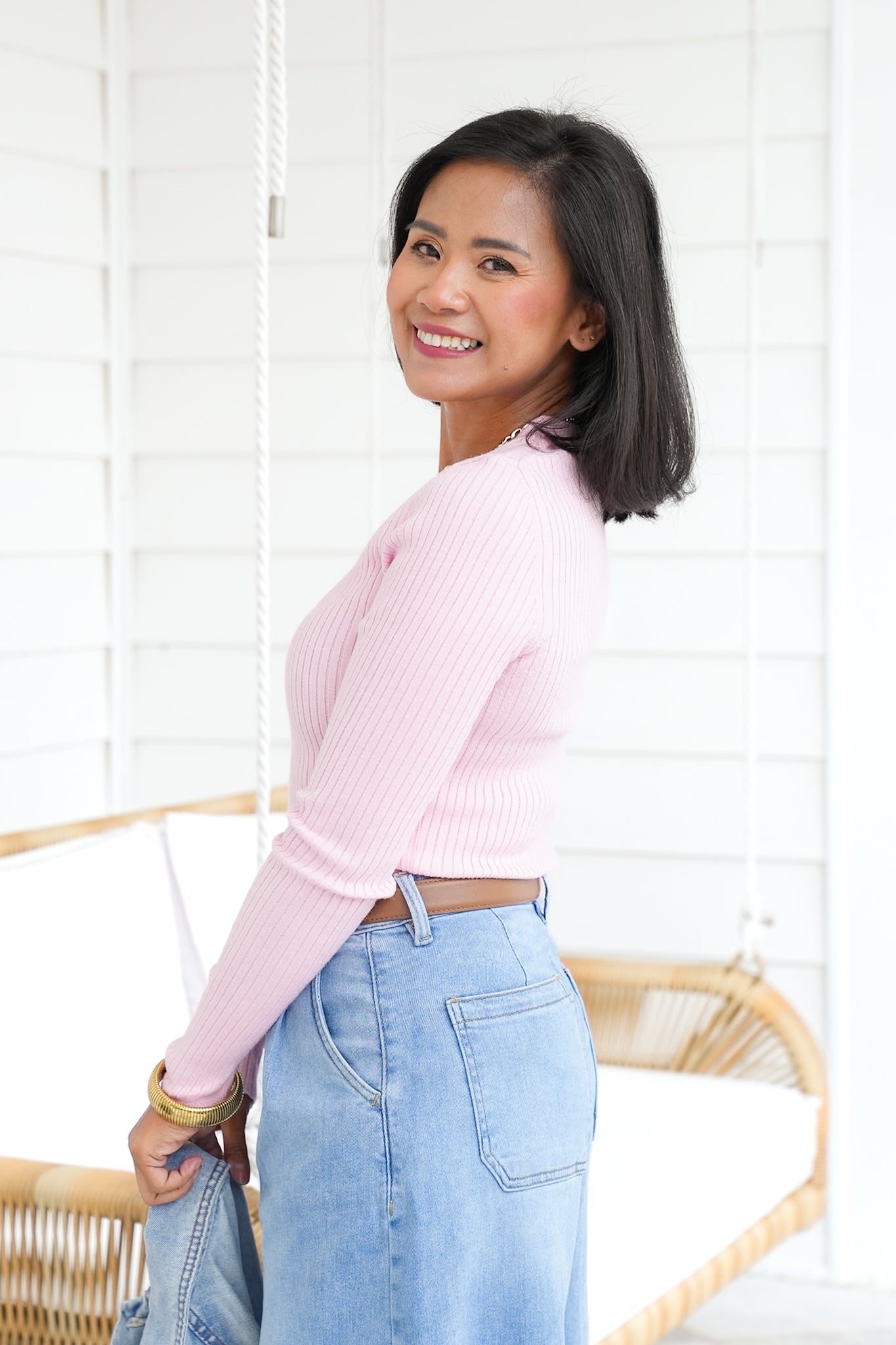 Ribbed Knit Long Sleeve Crew Neck Top