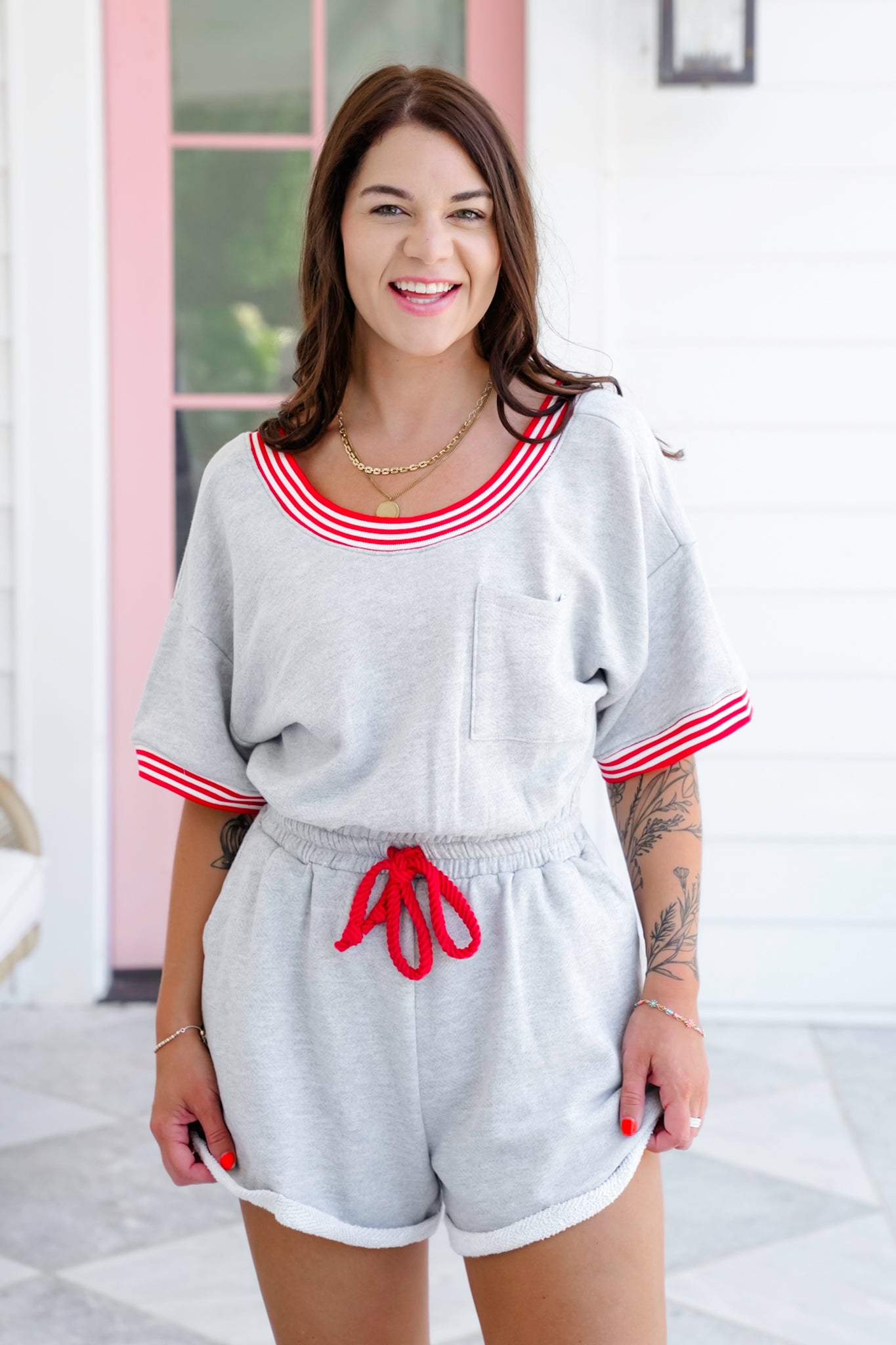 Short Sleeve Terry Romper with Stripe Detail
