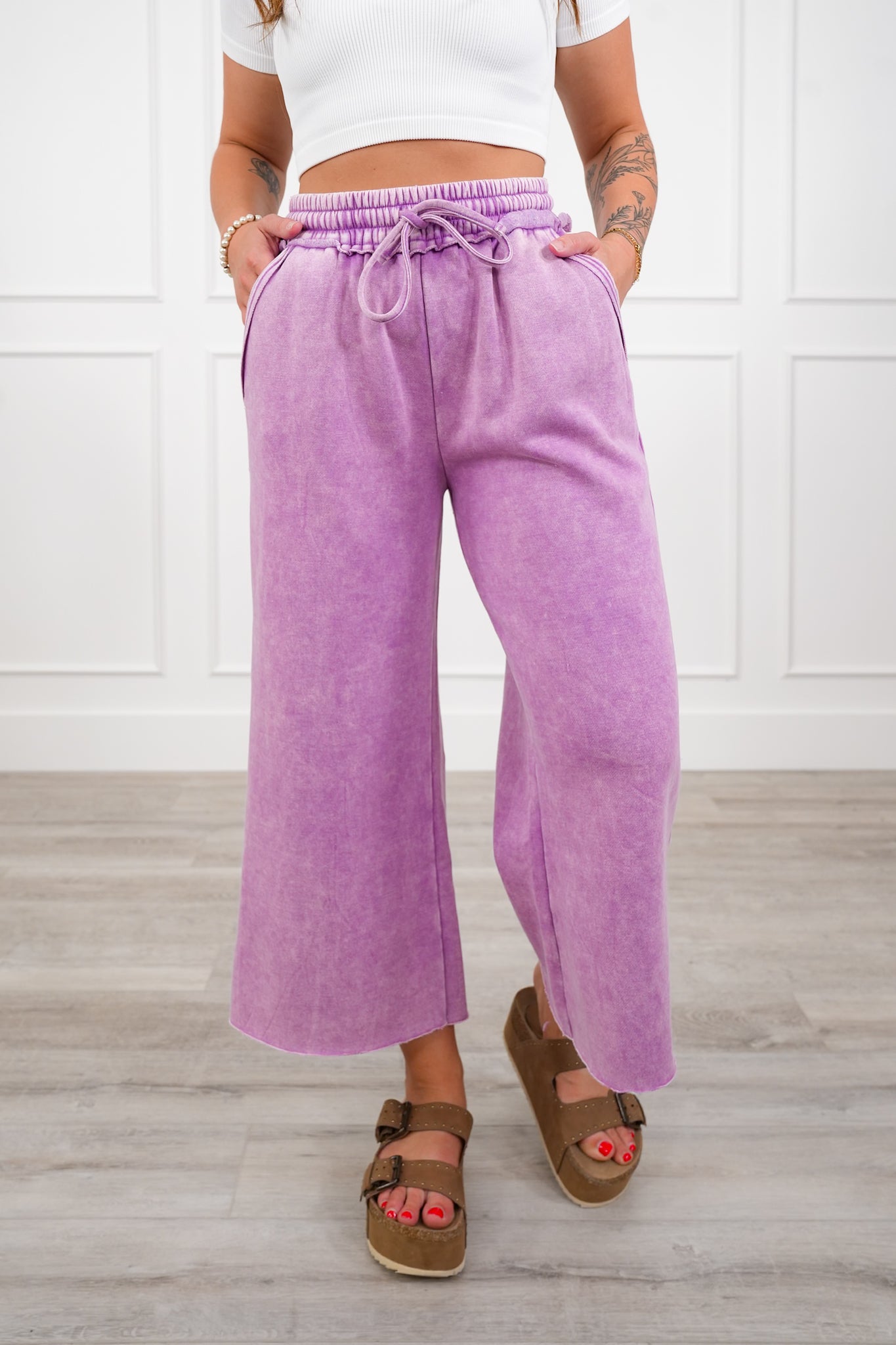 Door Buster! Plus/Reg Zenana Acid Wash Fleece Palazzo Sweatpants with Pockets