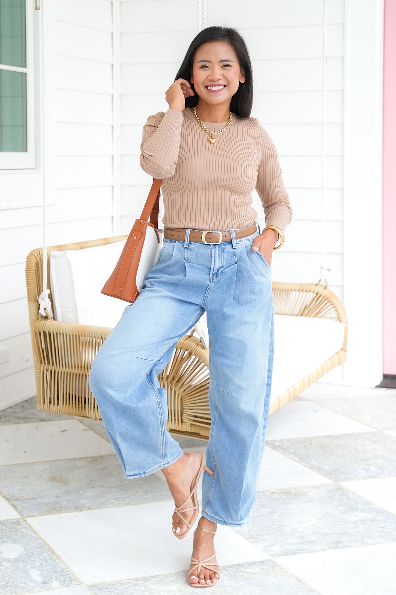 Ribbed Knit Long Sleeve Crew Neck Top