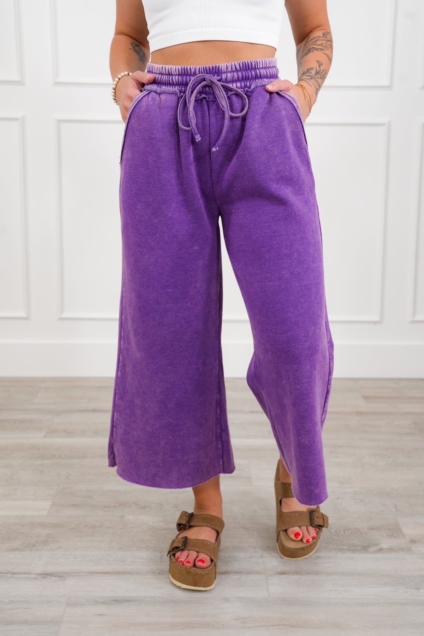 Door Buster! Plus/Reg Zenana Acid Wash Fleece Palazzo Sweatpants with Pockets