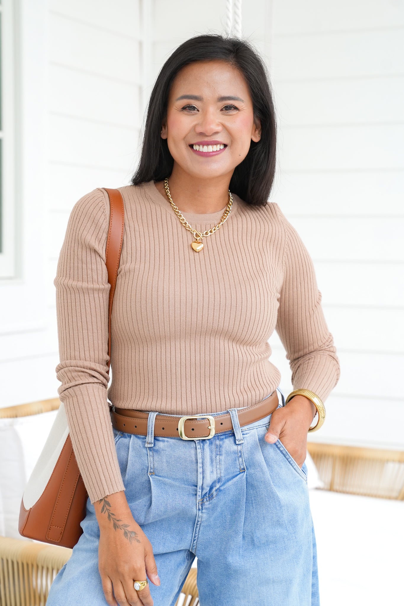 Ribbed Knit Long Sleeve Crew Neck Top