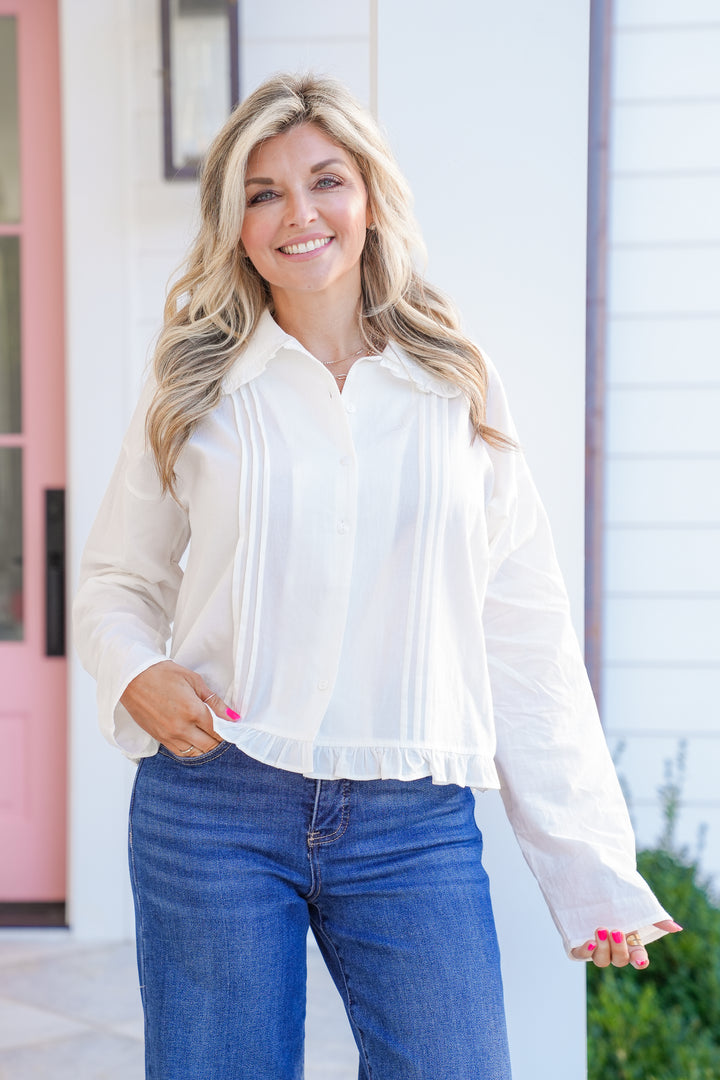 Ivory Long Sleeve Button Down Top with Ruffles