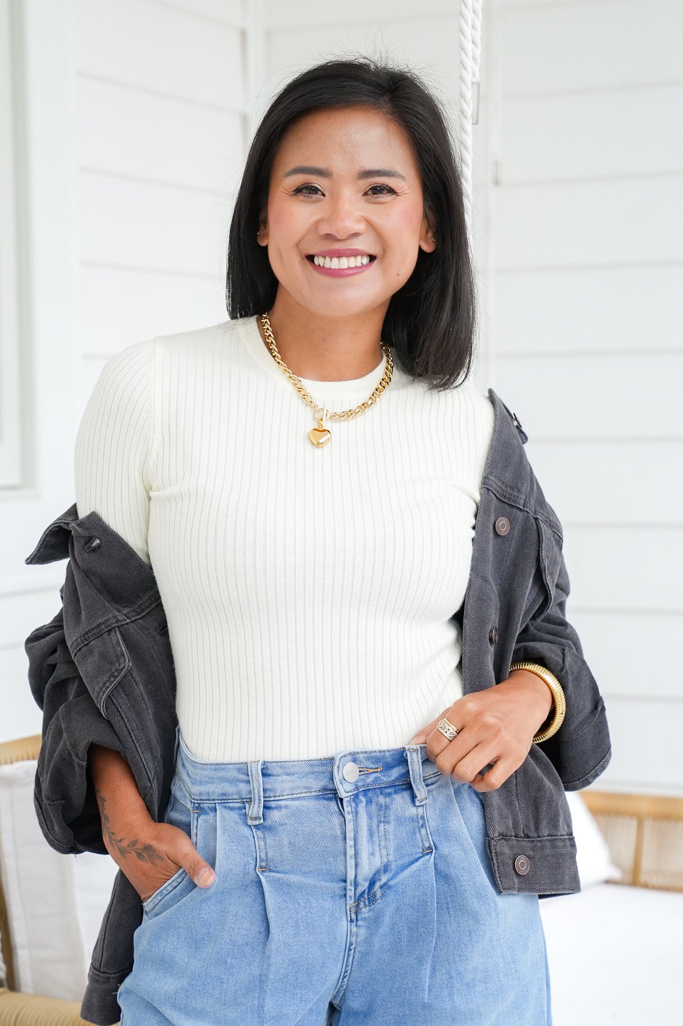 Ribbed Knit Long Sleeve Crew Neck Top