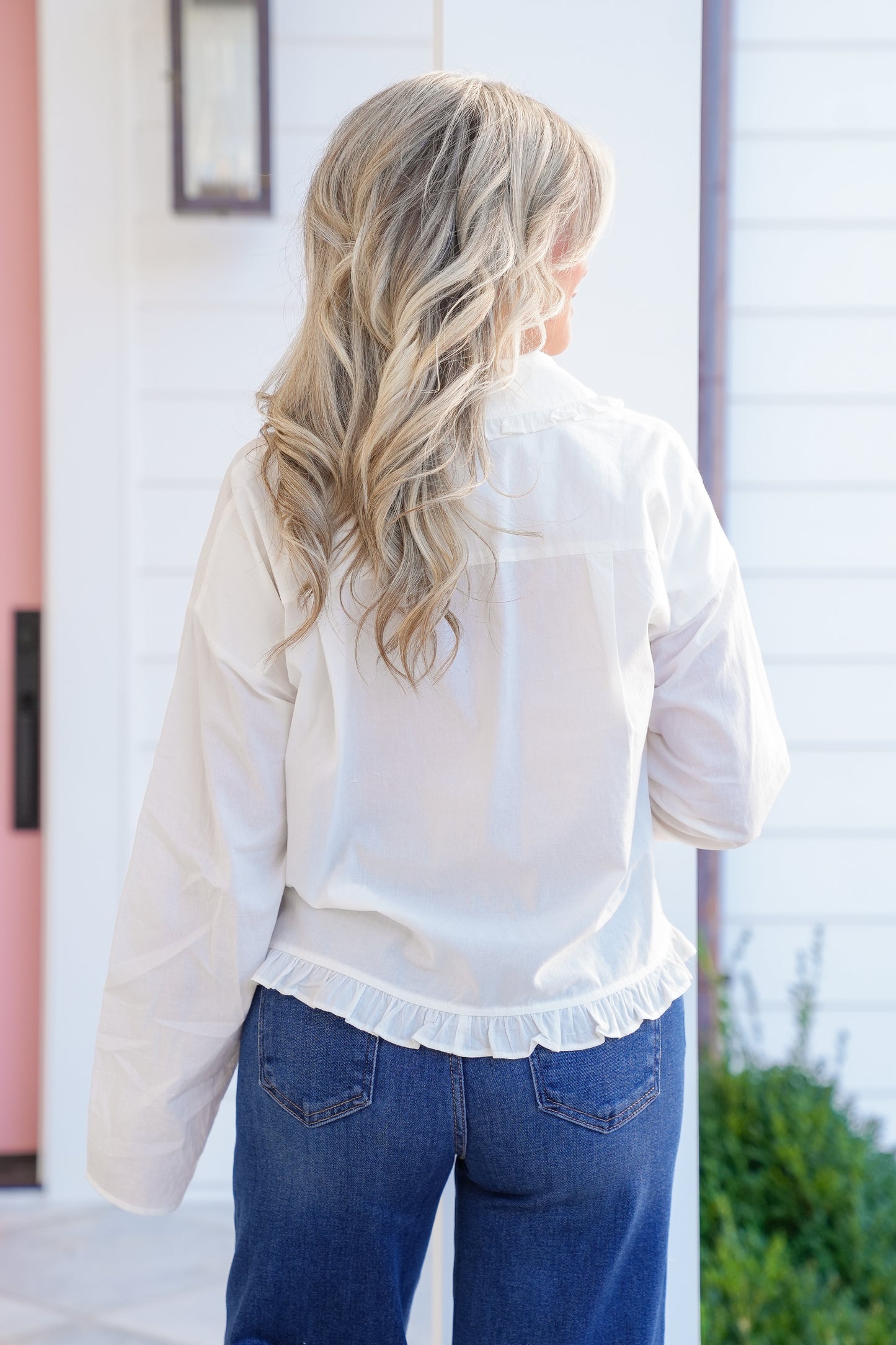 Ivory Long Sleeve Button Down Top with Ruffles
