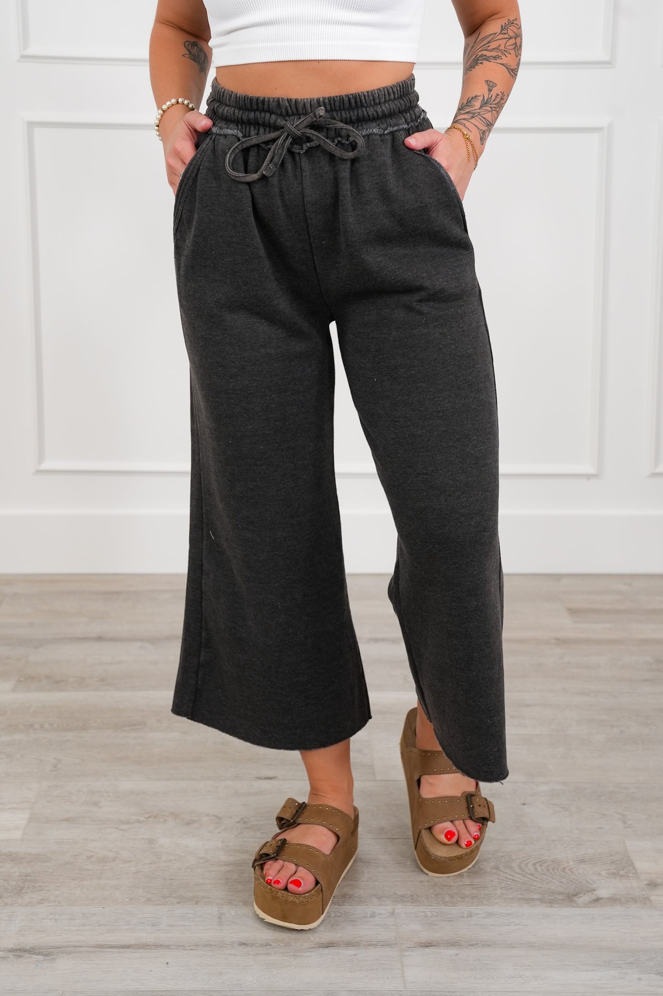 Door Buster! Plus/Reg Zenana Acid Wash Fleece Palazzo Sweatpants with Pockets