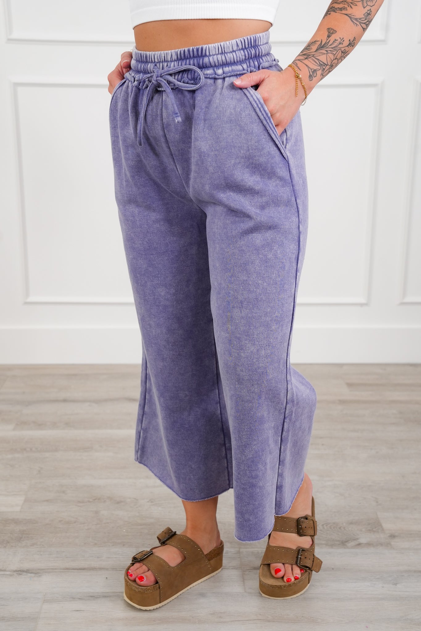 Door Buster! Plus/Reg Zenana Acid Wash Fleece Palazzo Sweatpants with Pockets