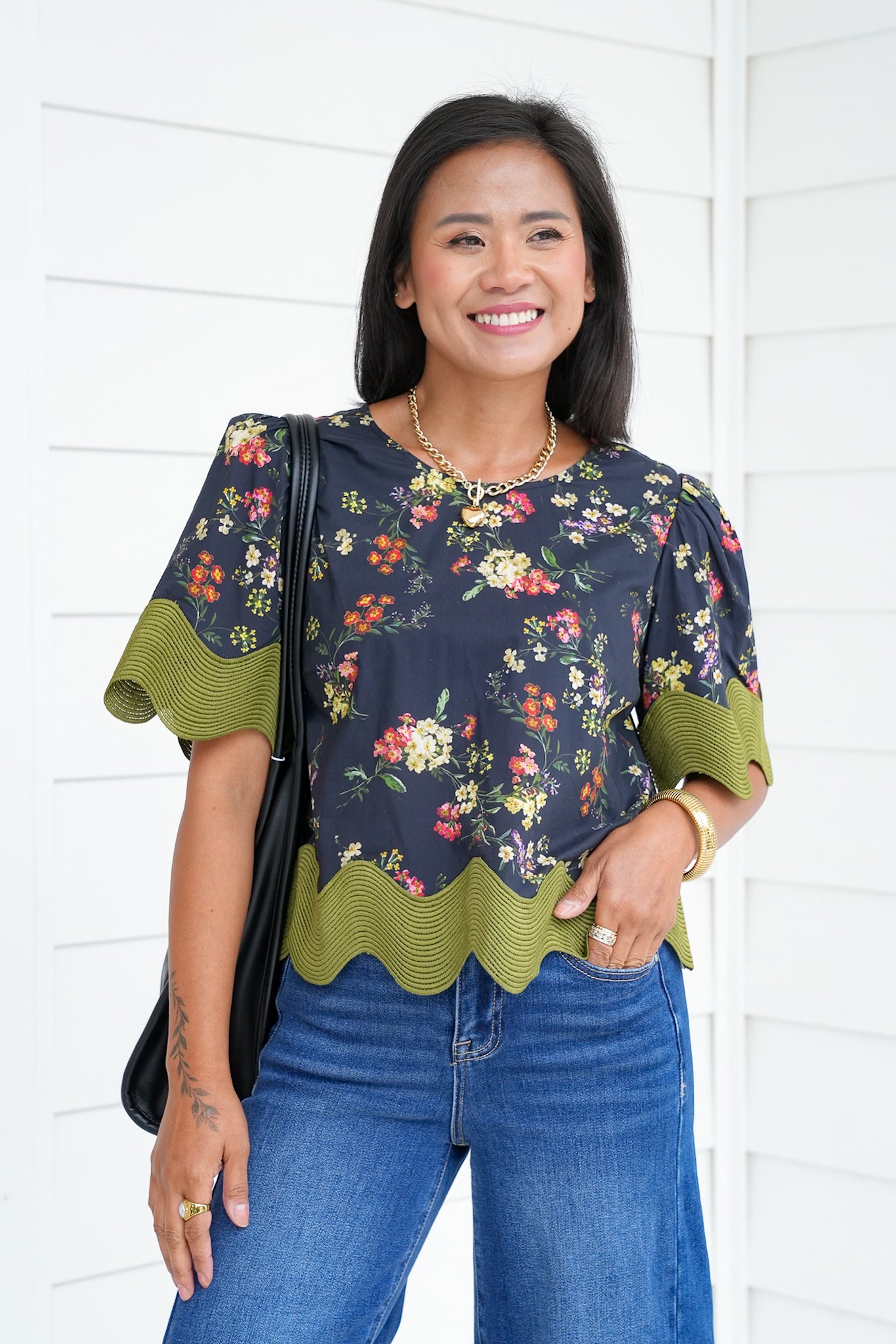 Floral Print Short Sleeve Top with Oversized Ric Rac Trim Detail